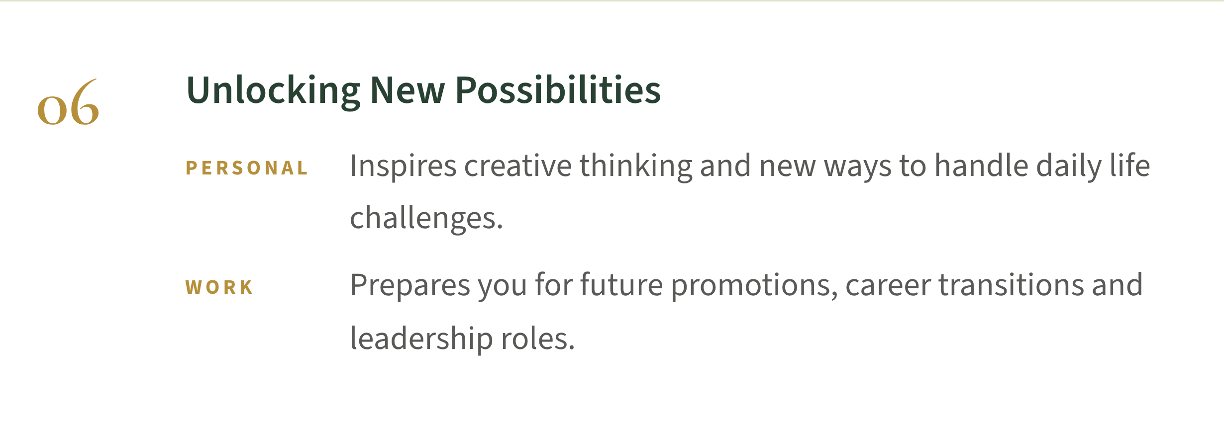 Page title 'Unlocking New Possibilities' with section heading '06' and subsections 'Personal' and 'Work' describing inspiring creative thinking and preparing for future promotions.