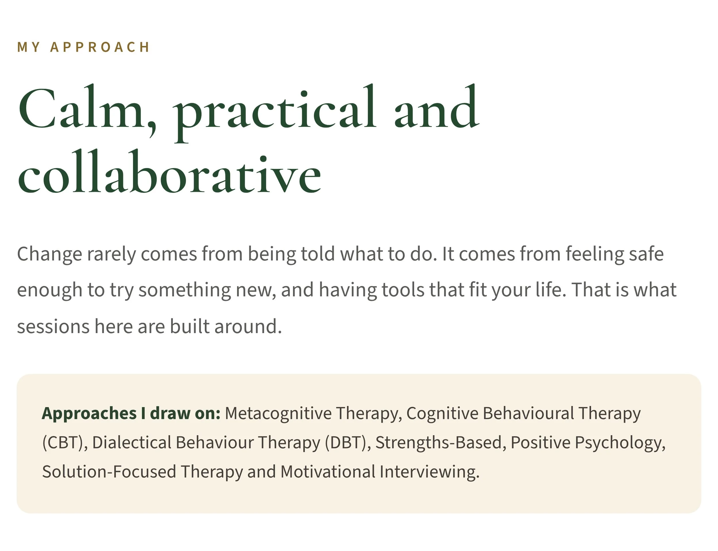 Text on a webpage titled 'Calm, practical and collaborative' discussing approaches to change and therapy methods.