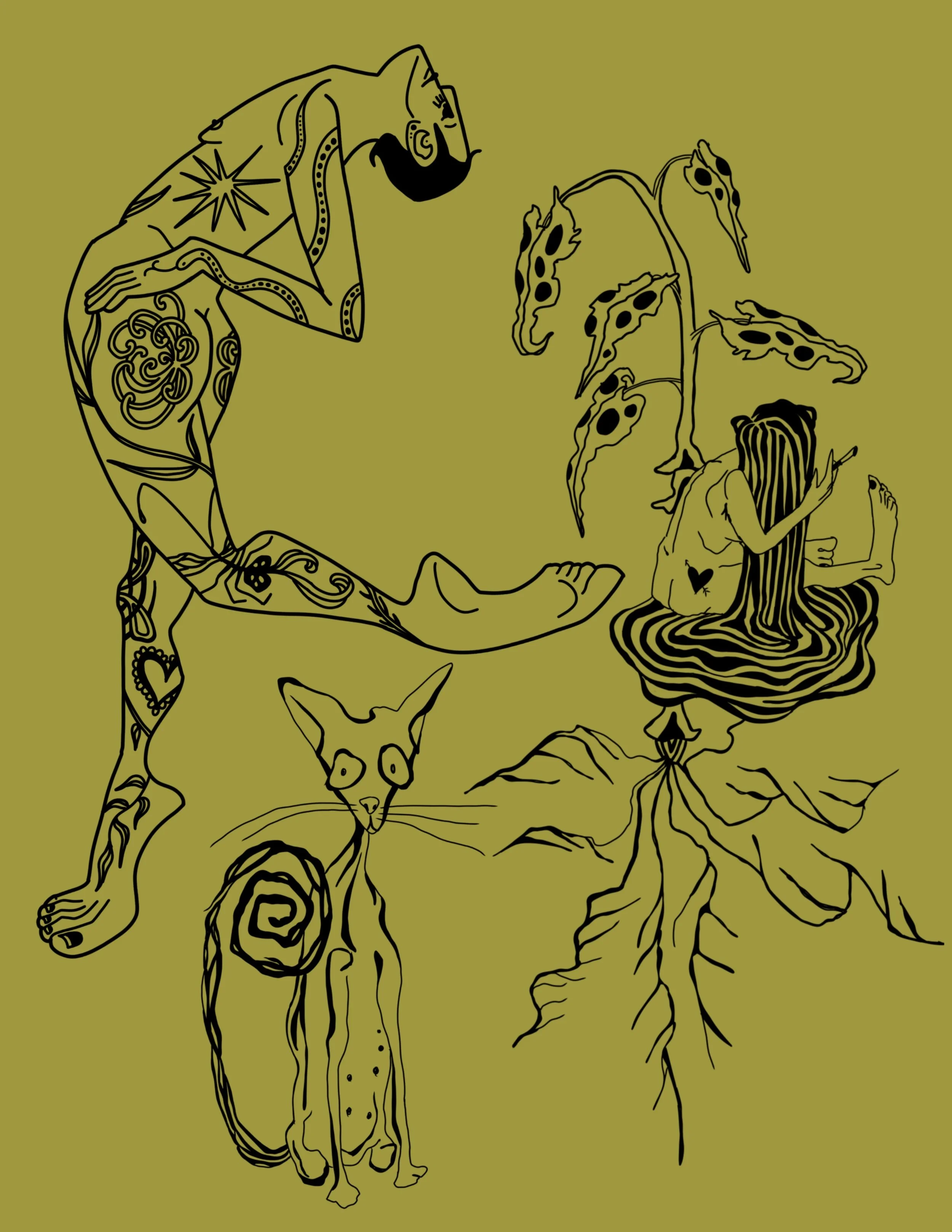 Line drawing of a man with tattoos and a beard, kneeling with hands clasped, facing a tree with hanging leaves, while a woman with long striped hair and a heart on her chest sits on the ground writing or drawing. A cat with wide eyes is nearby.