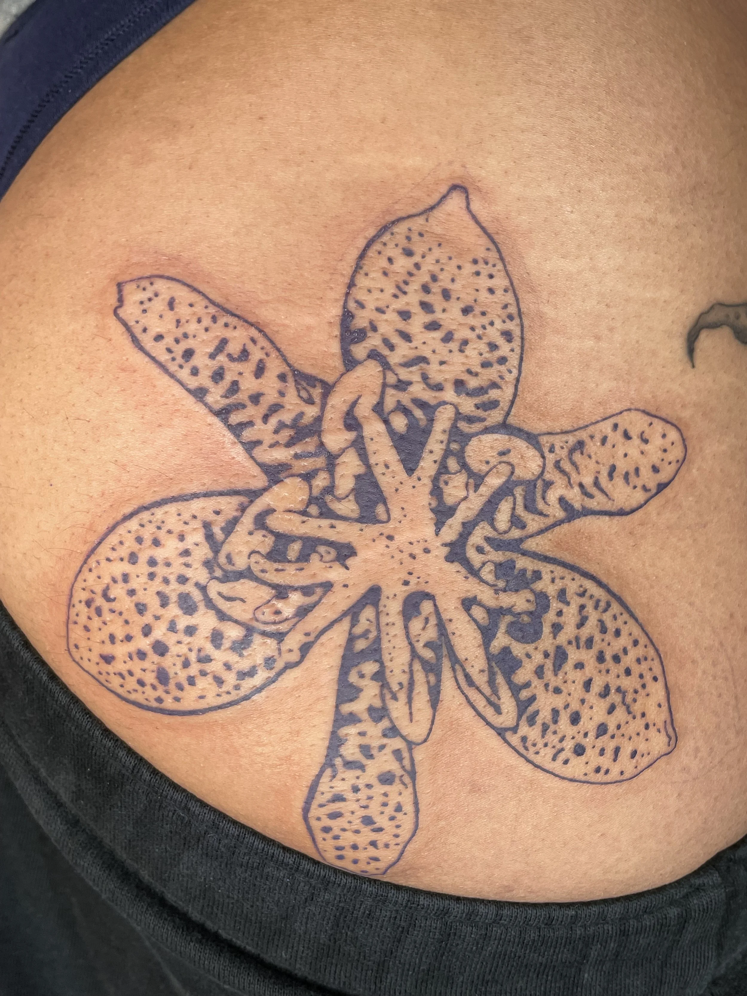 A tattoo of an orchid flower on a person's upper arm.