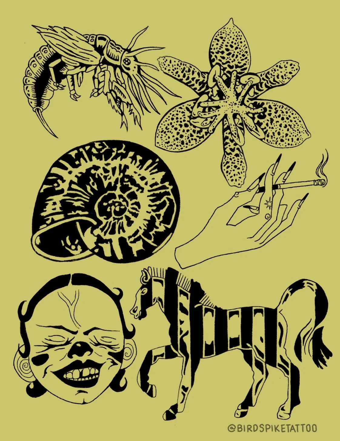 Black line drawings of various objects on a yellow background, including a bee, a flower, a snail shell, a hand holding a cigarette, a smiling girl with earrings, a zebra, and a signature '@BIRDSPIKETATTOO'.