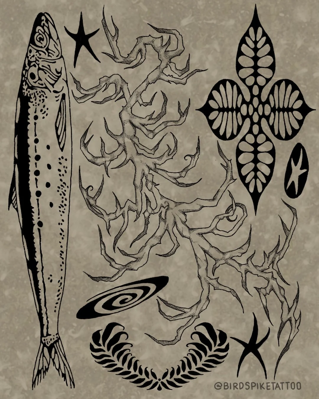 Black tattoo-style drawings on a beige background, including a fish, stars, a spiral, a moon, and decorative patterns.