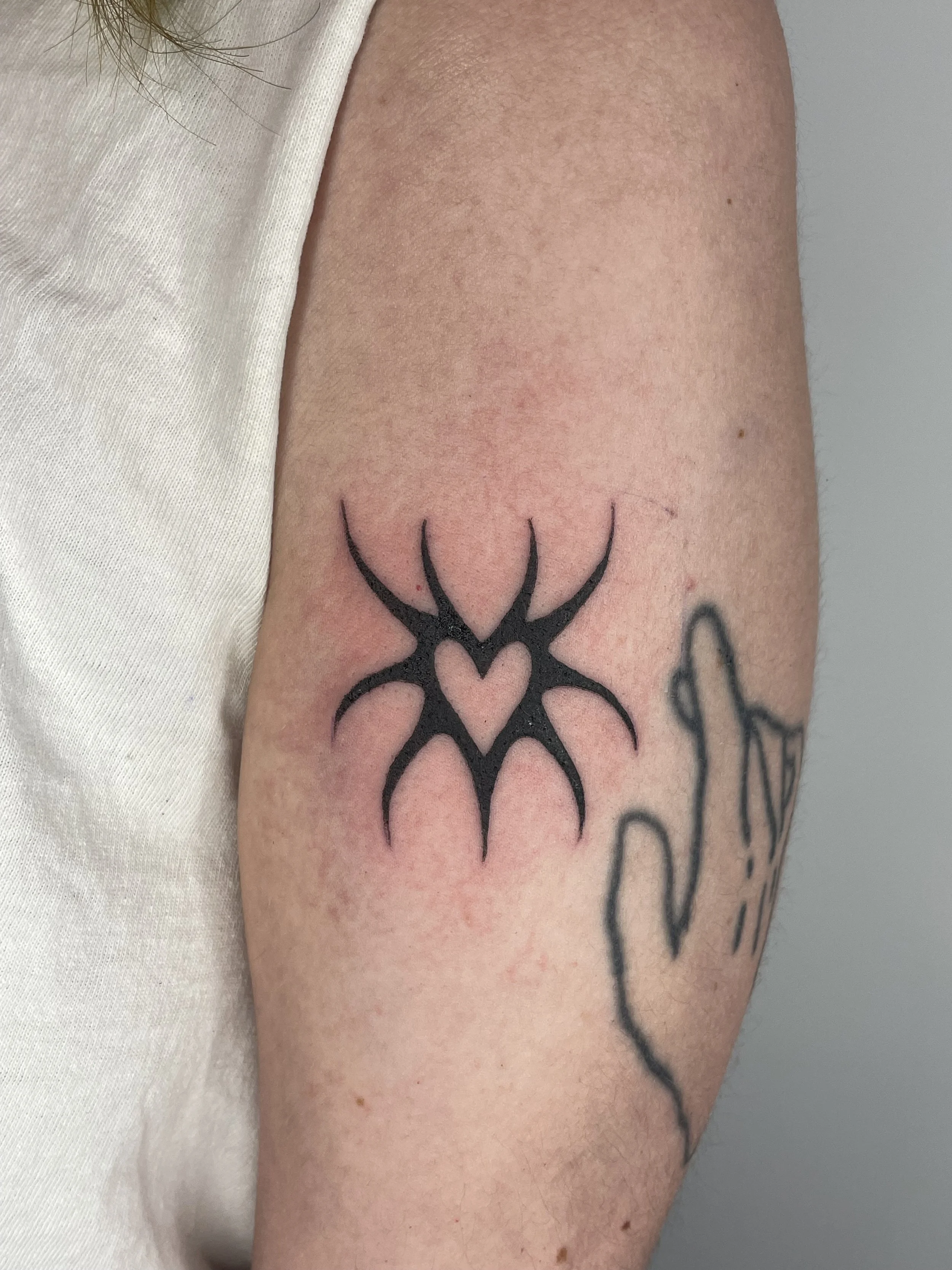Close-up of a person's upper arm with a black tattoo of a spider with a heart-shaped body. Part of a white sleeveless shirt is visible.