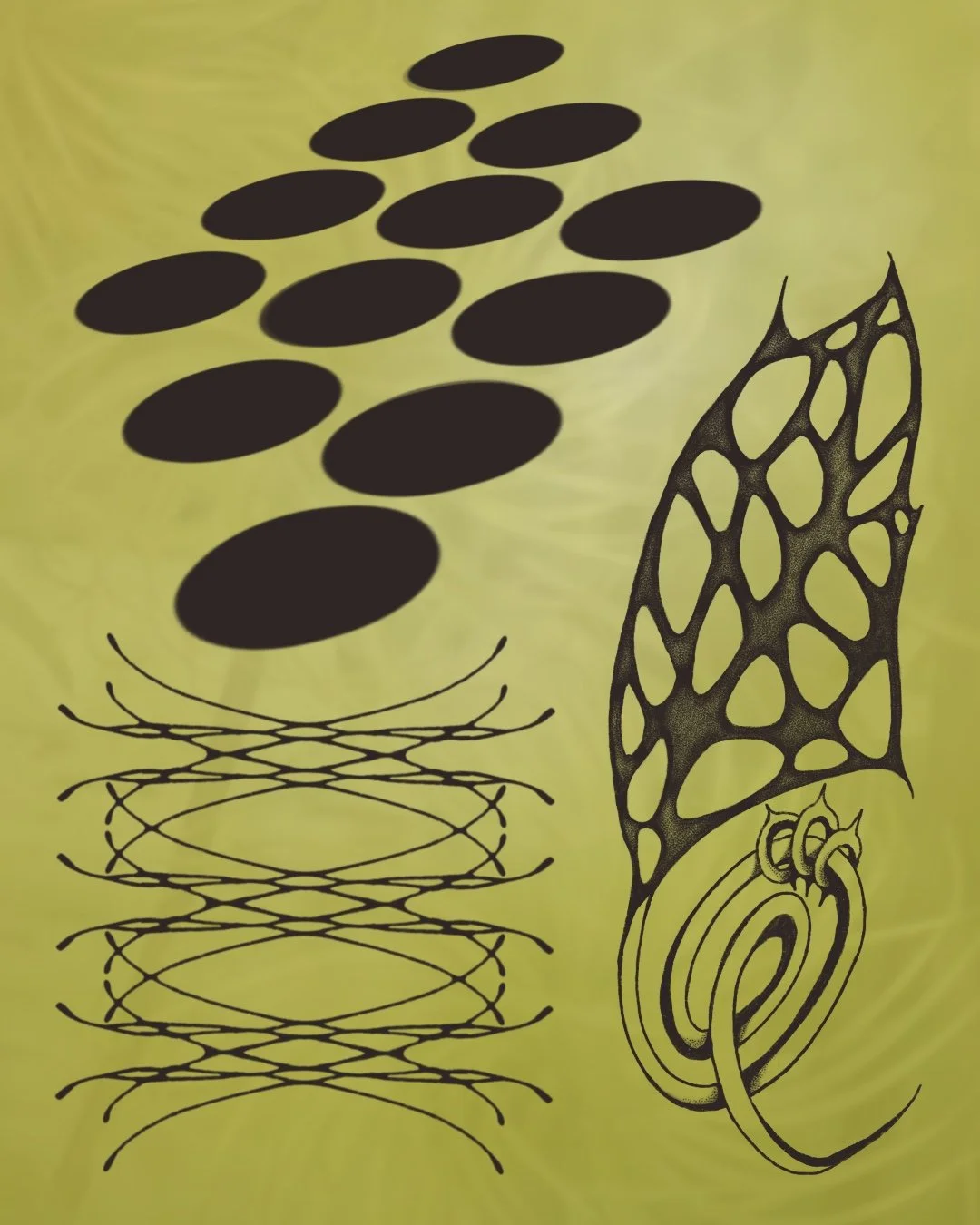 Abstract black shapes and patterns on a yellow background, resembling a stylized tree, web-like structures, and interconnected ovals.