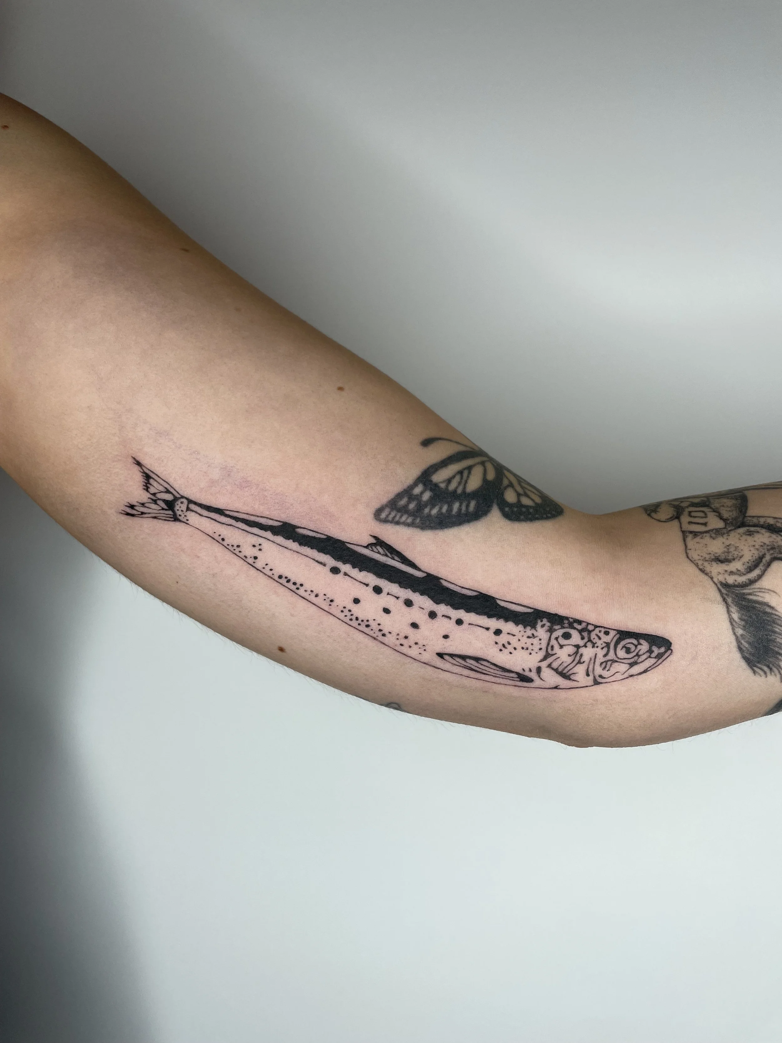 A tattoo of a fish with a detailed pattern on a person's arm.