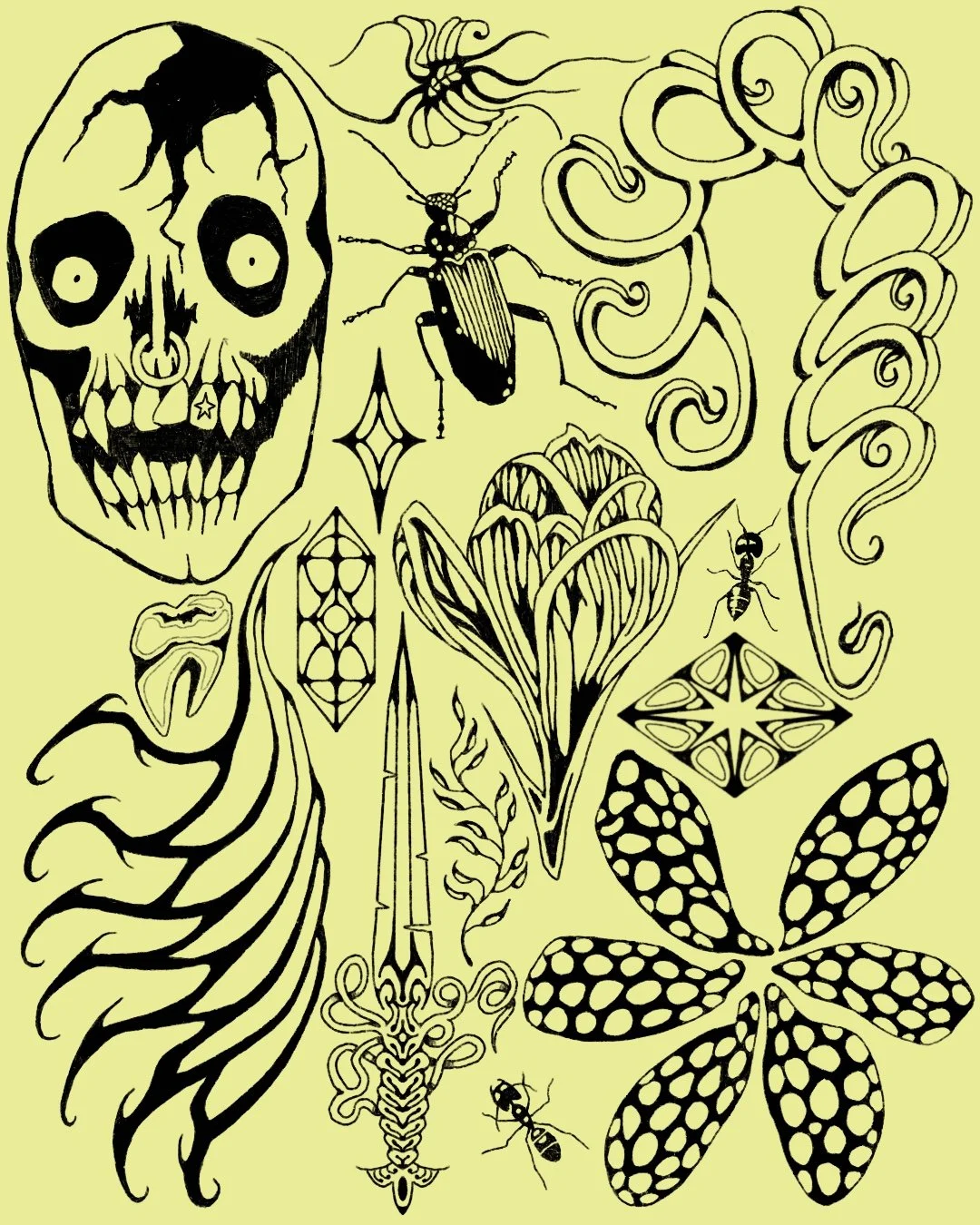 Black tattoo-style illustrations on a yellow background, including a human skull, insects like ants and beetles, abstract shapes, a flower, musical note, and various geometric and organic patterns.