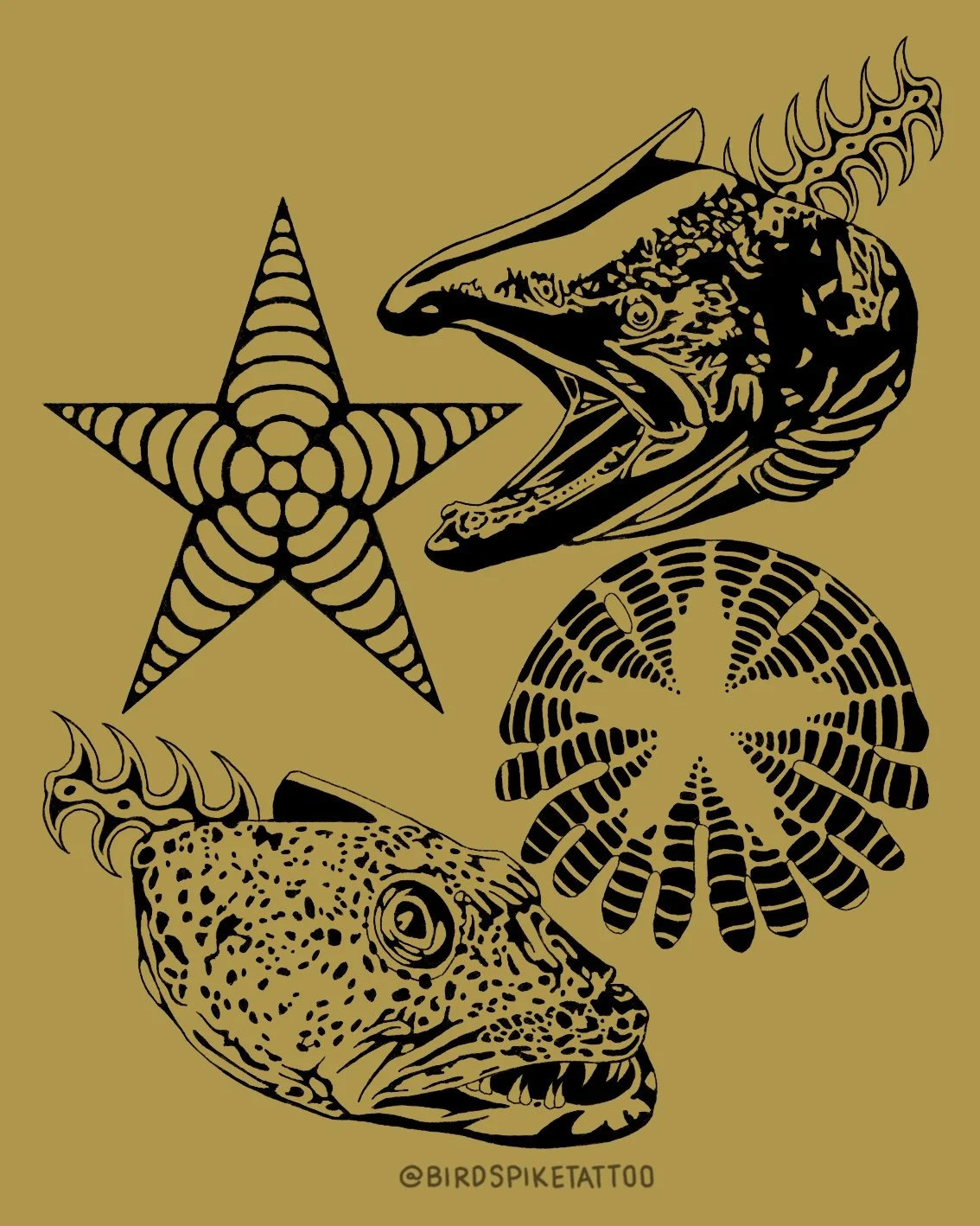 Black tattoo-style illustrations of marine creatures, including a starfish, a fish skull, a sand dollar, and a lingcod fish head, a king salmon fish head, on a tan background.