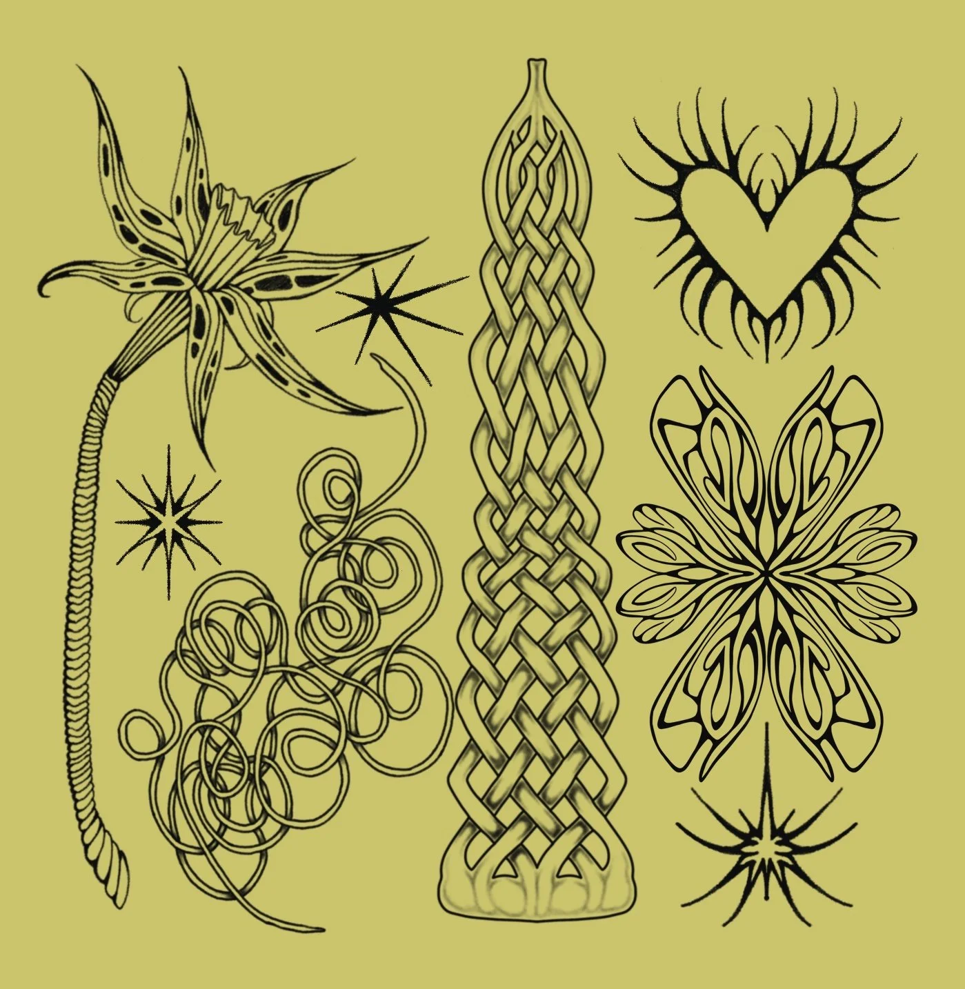 Collection of black tattoo-style designs on a yellow background, including a star, a flower, geometric and abstract motifs, a heart with flames, a butterfly, an candle, and a spider.