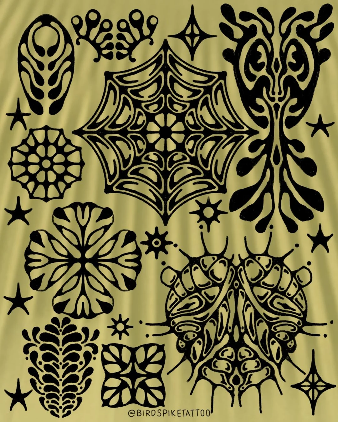 Black tattoo-style illustrations of insects, spiderwebs, and geometric shapes on a yellow background.
