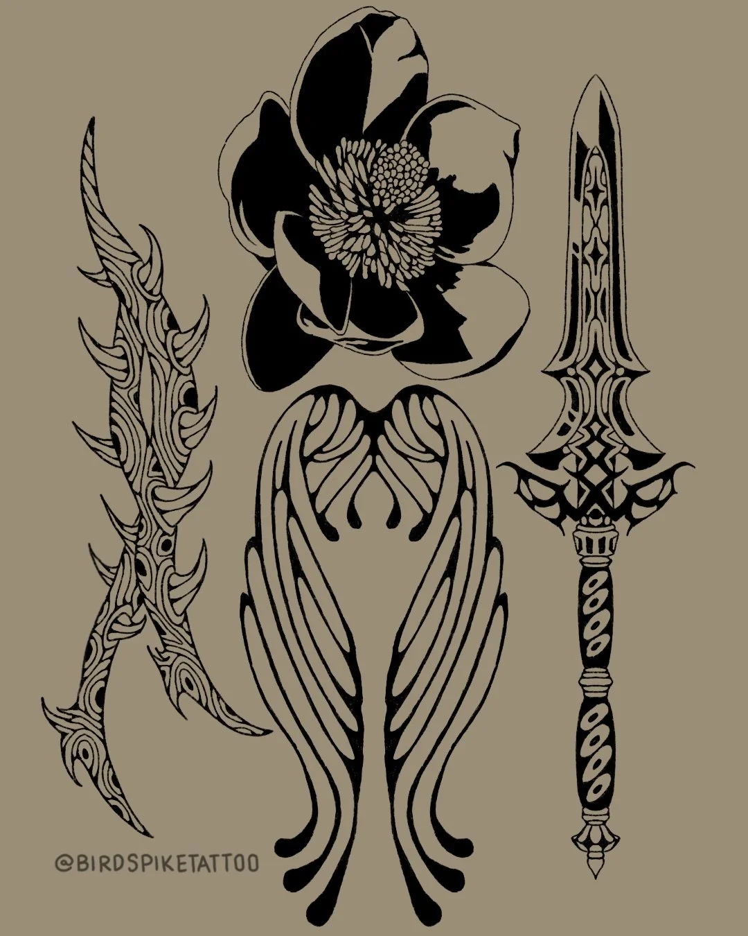 Tattoo design featuring a large flower at the top, a symmetrical abstract design resembling wings in the center, and a detailed dagger on the right side, on a gray background.