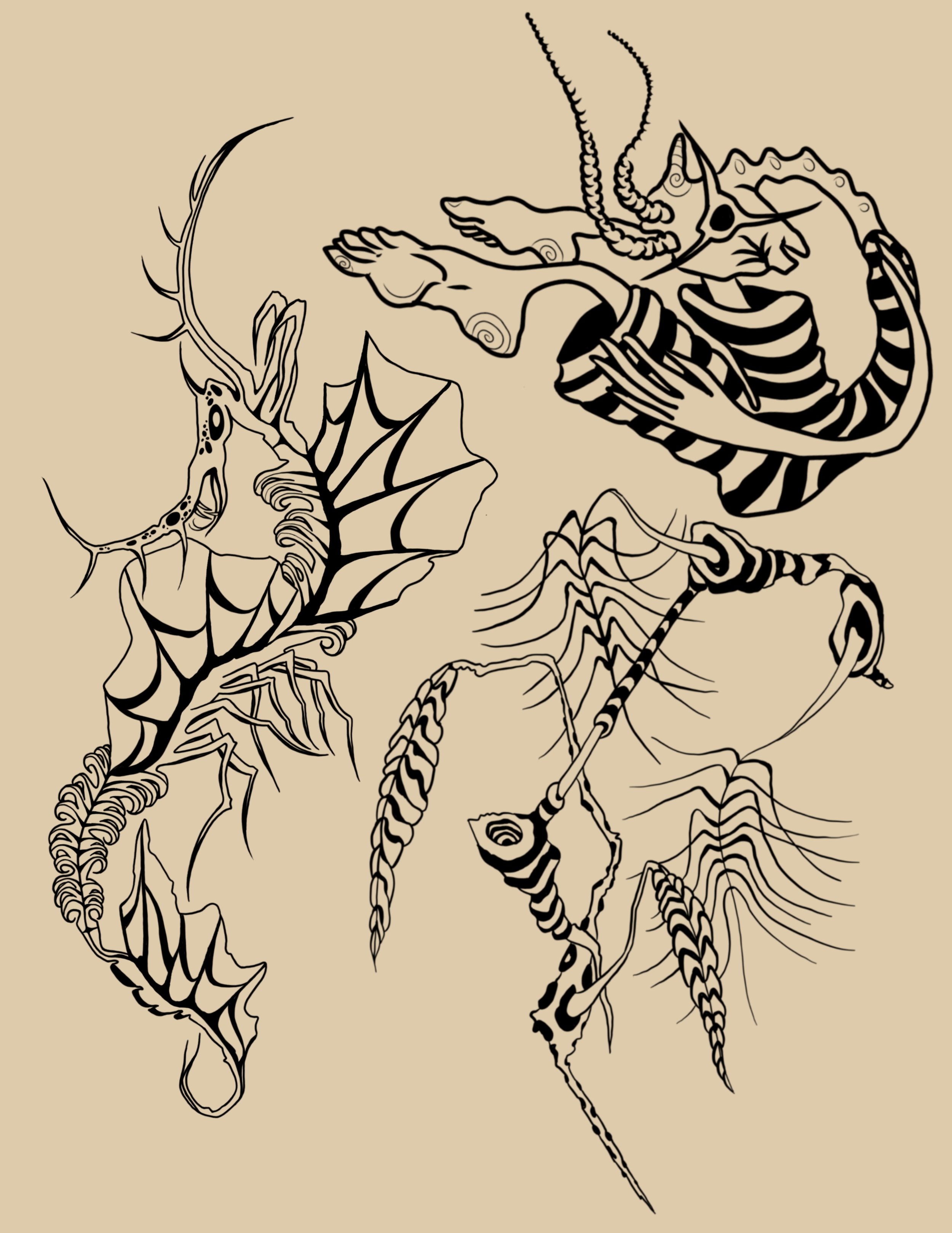 A detailed black and white sketch of a mythical creature with a unicorn head, wings, and a striped tail, surrounded by thorny plants on a beige background.