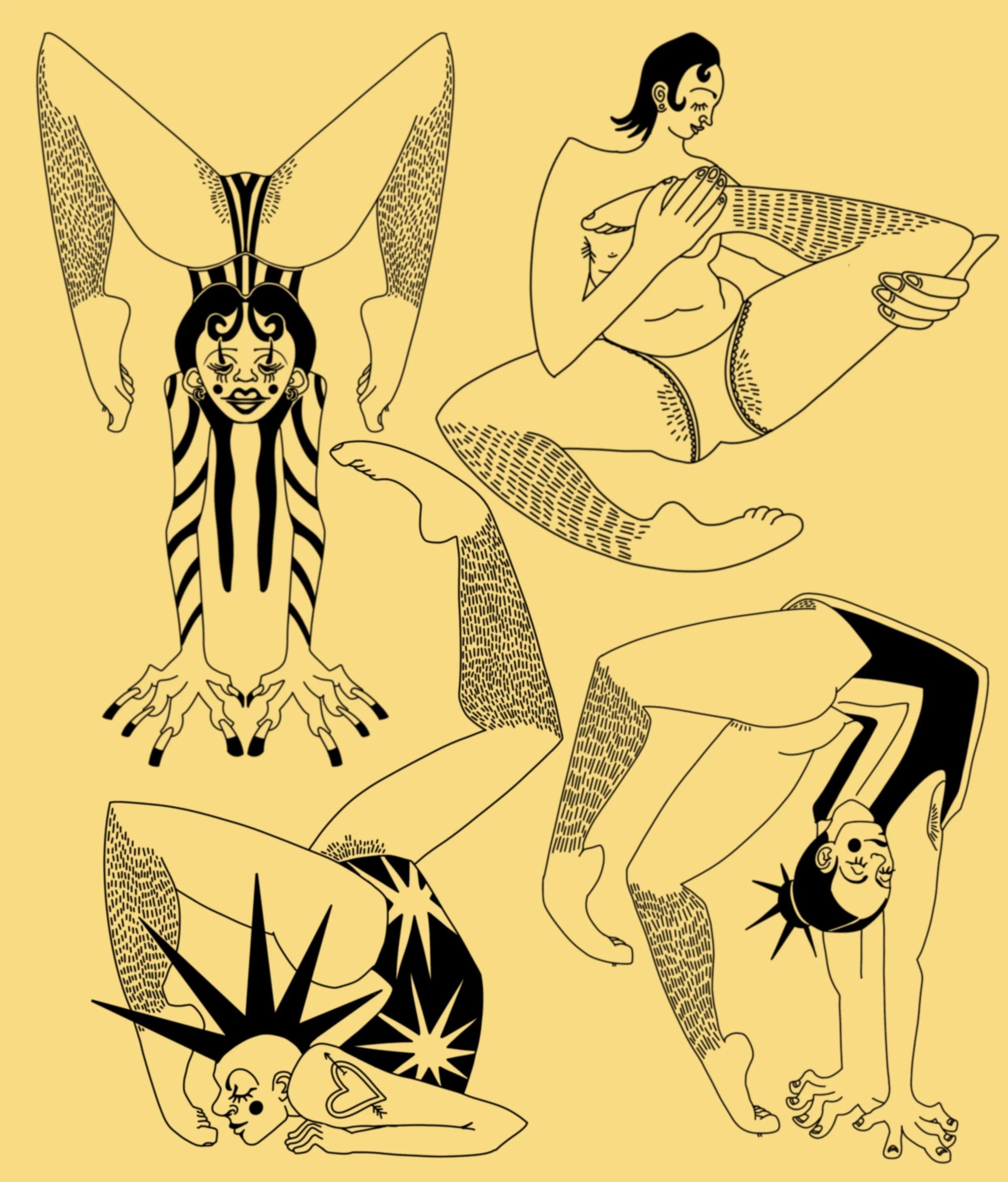 Black line drawing of four people amid a yellow background. The central figure is a person with face paint in a striped black-and-white pattern, holding a triangle with a stylized face on it, and with arms raised above their head. To the right, a per