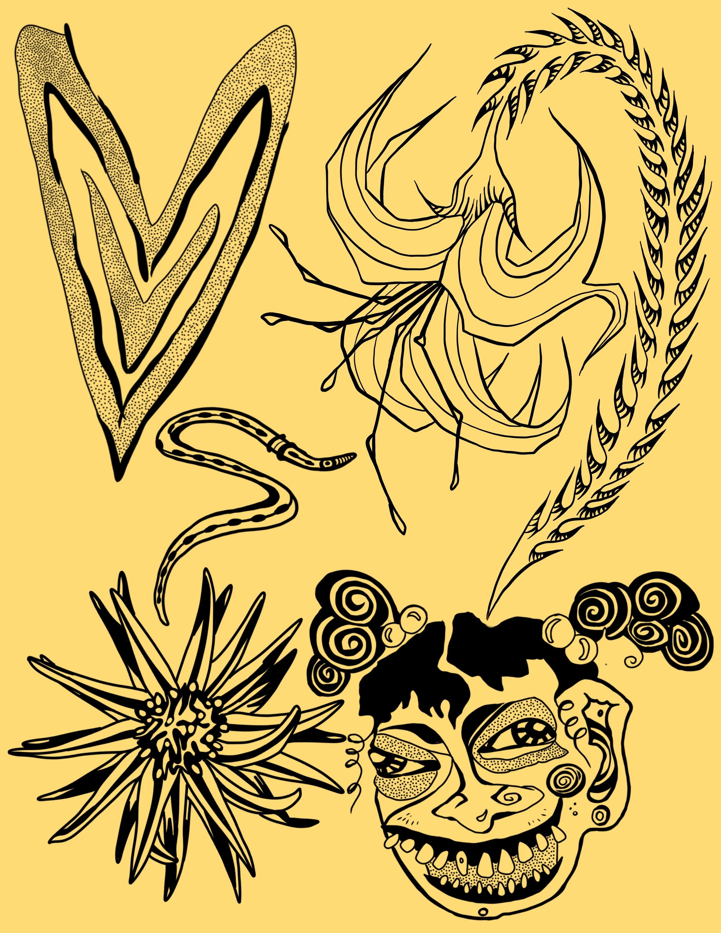 Black line art illustration featuring a human skull, a sunflower, a snake, and various abstract patterns on a yellow background.