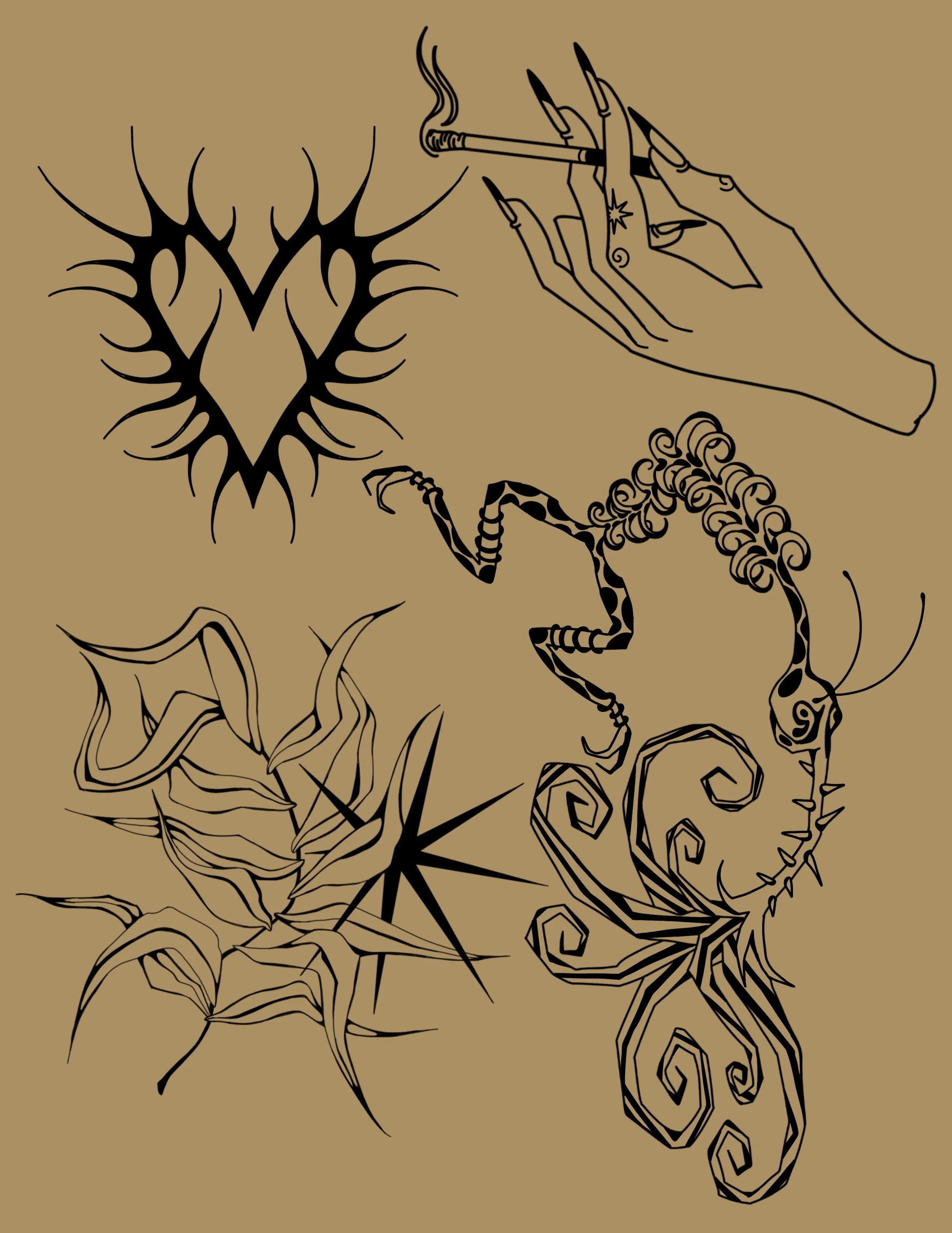 A black outline drawing on a brown background of a diamond shape surrounded by sharp lines, a smoking hand with long nails holding a cigarette, a stylized animal with a patterned tail and spiked legs, and other abstract shapes and patterns.