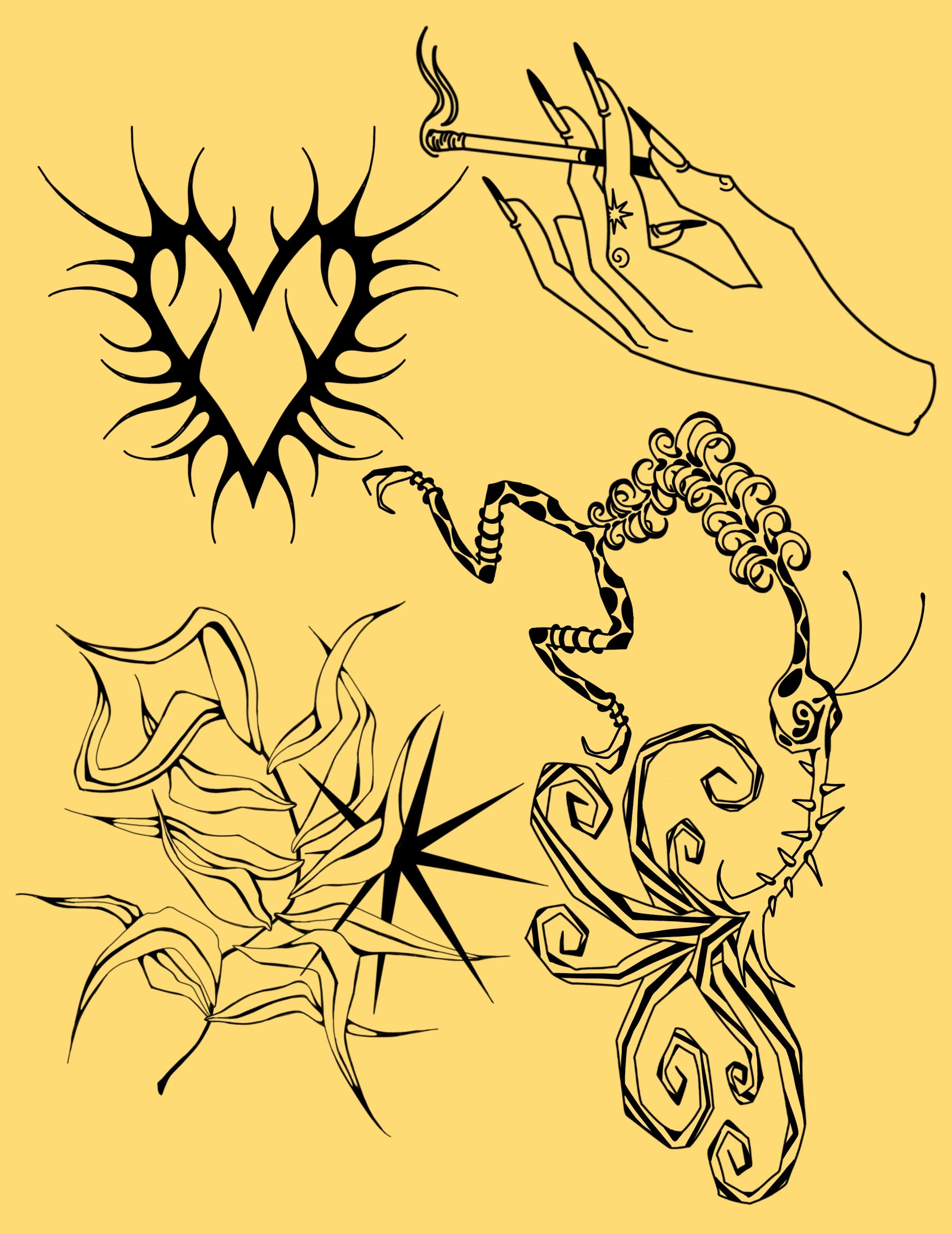 Black line drawing of a stylized dragon with a curled tail, spiny back, and long legs, set against a yellow background.