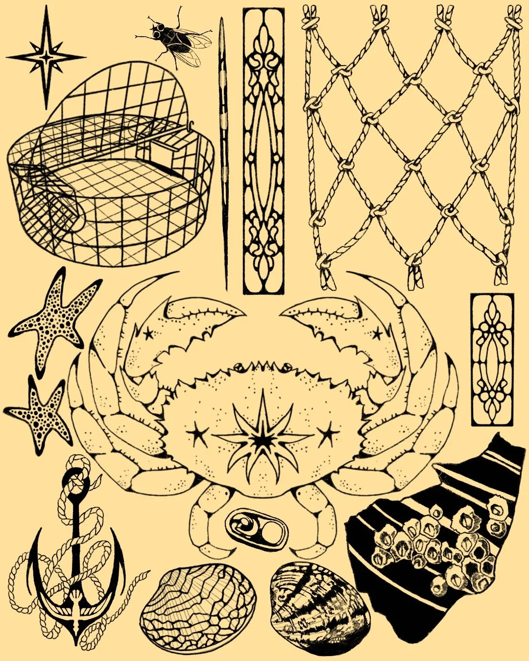 Illustration of various coastal and marine objects including starfish, crab, seashells, a fishing net, a lobster trap, ropes, a sea urchin, and a fish finder, all in black line art on a yellow background.