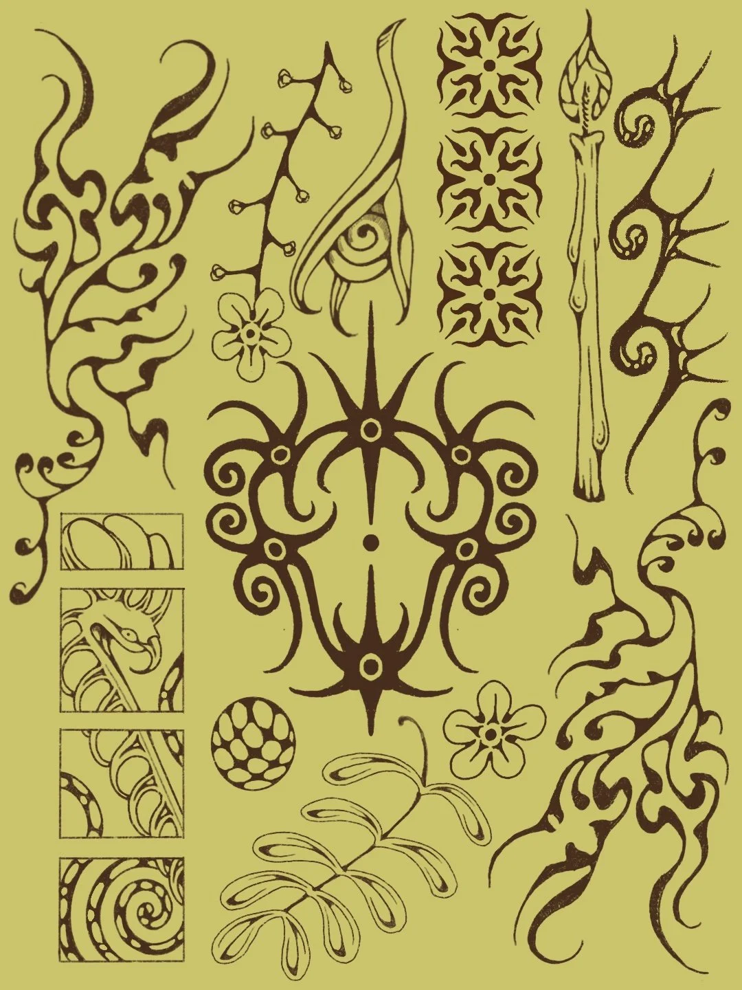 Collection of black tribal-style tattoo designs on a yellow background, including flowers, abstract patterns, a dragon, and curved lines.