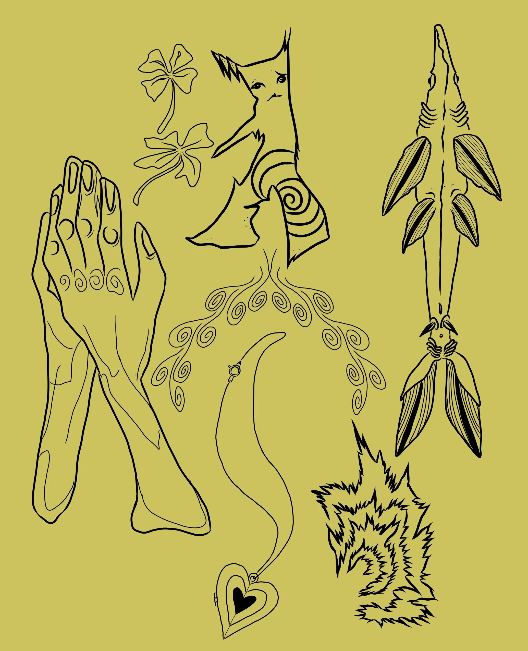 A line drawing of a fox with a swirl pattern on its side, two flowers, a hand with detailed fingers, a heart-shaped pendant, and a fox's head with a bushy tail, all on a yellow background.