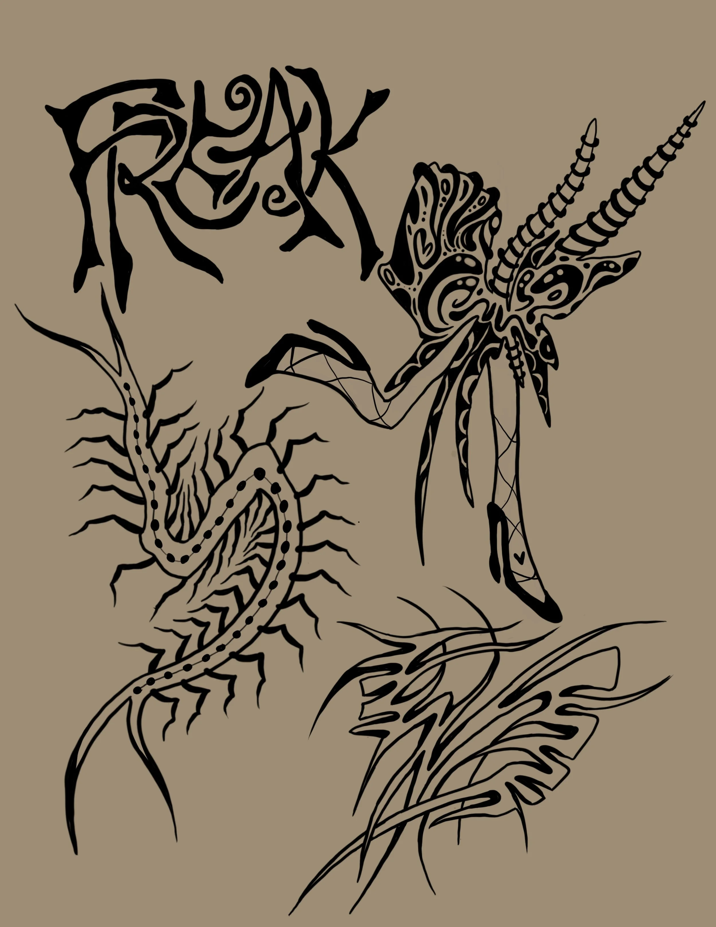 A line drawing of a fantastical creature resembling a dragon with intricate patterns, horns, wings, and a long tail on a beige background.