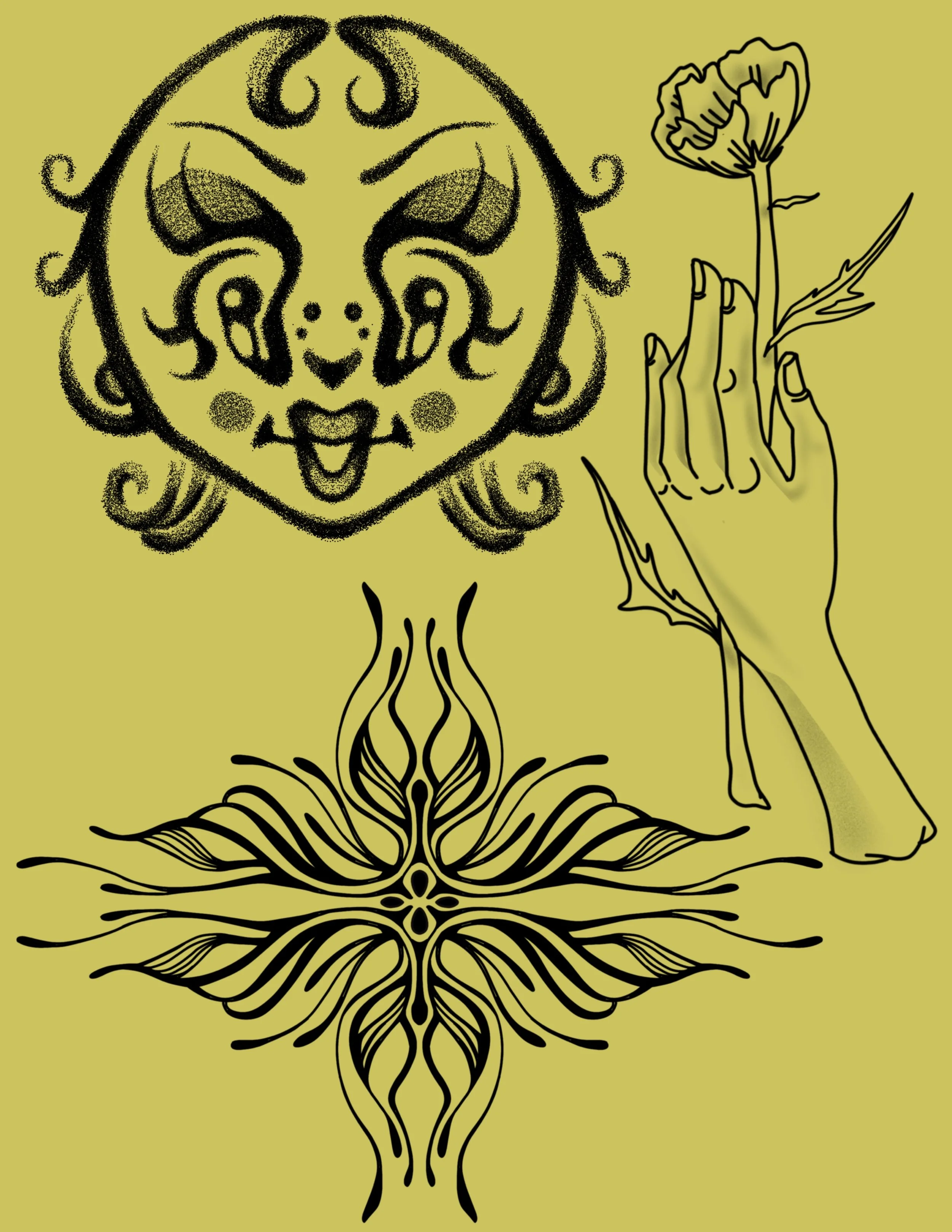 A line drawing of a hand holding a flower with a symmetrical floral design below it, against a yellow background.