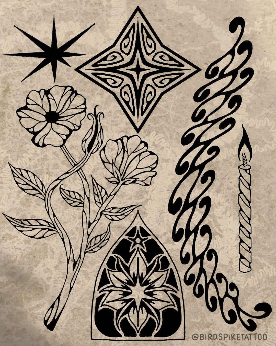 Black tattoo-style illustrations of a star, diamond, flowers, a candle, and decorative swirls on a beige background.