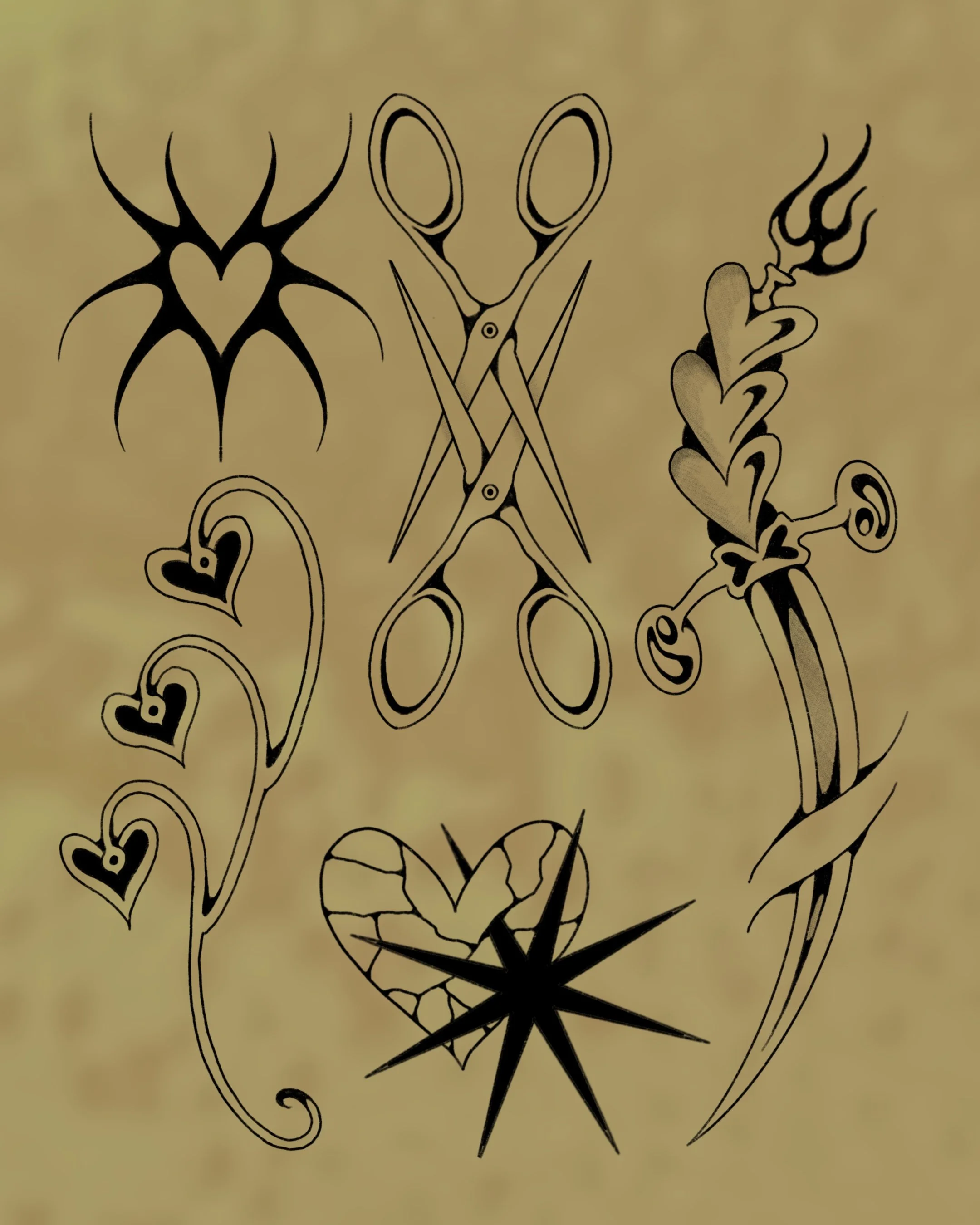 Black tattoo-style design on a yellowish background with various hearts, swirls, and a starburst pattern.