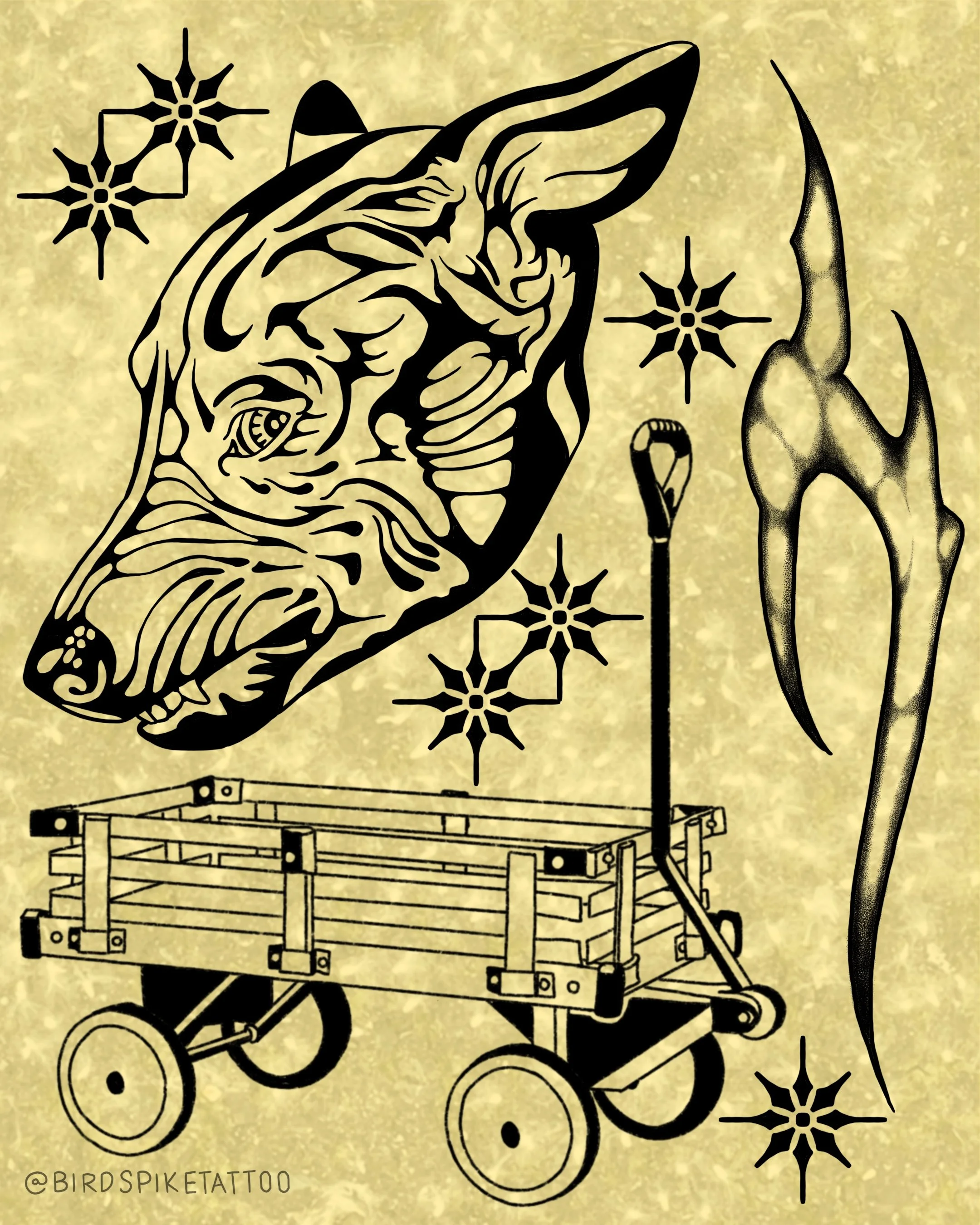 Line art illustration of a dog face with firefly and star decorations, and a wagon with a frame and wheels on a gold textured background.