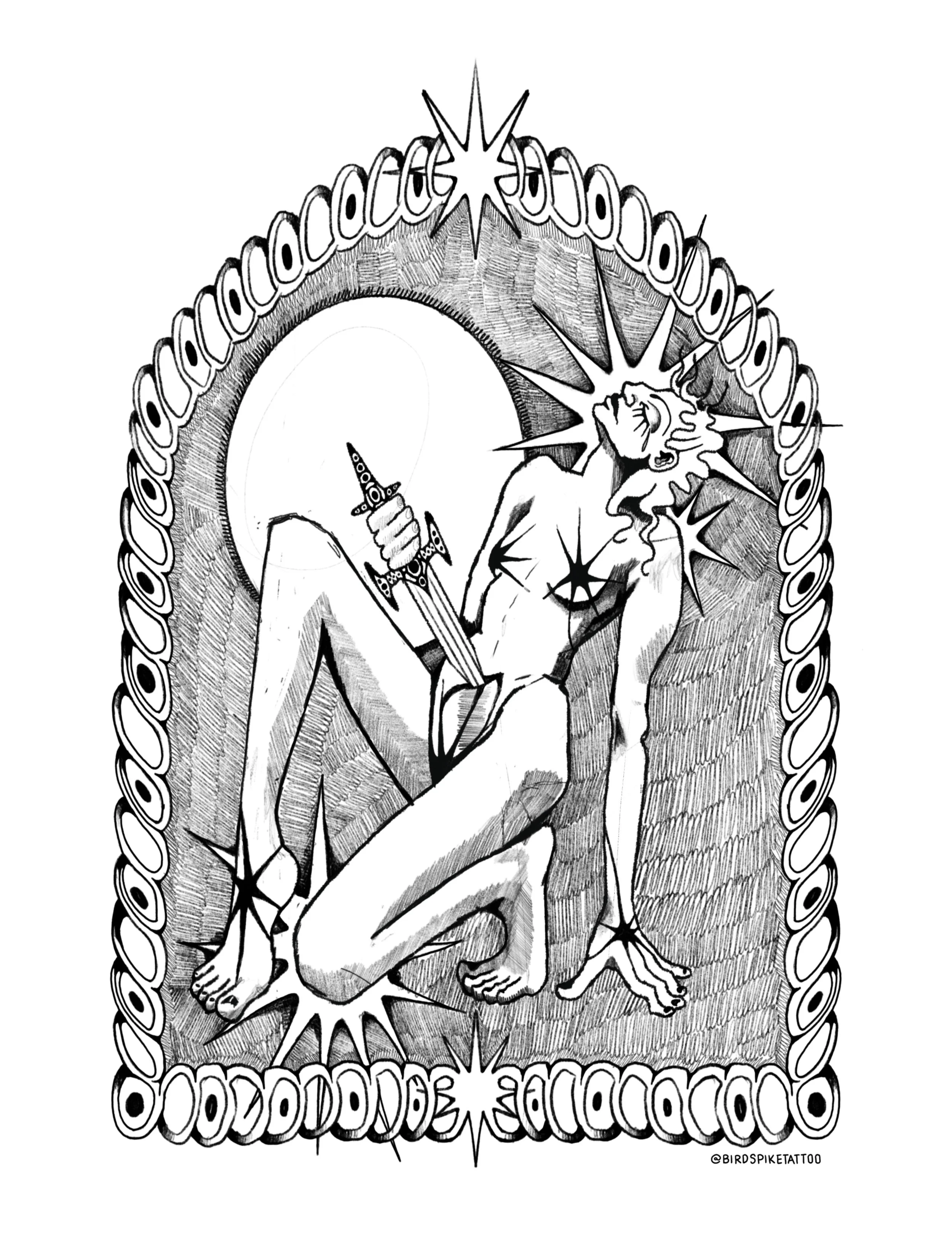 A black and white illustration of a human figure sitting with legs crossed, holding a butterfly-shaped object. The figure is surrounded by an ornate circular border with eye-like patterns and starburst shapes.