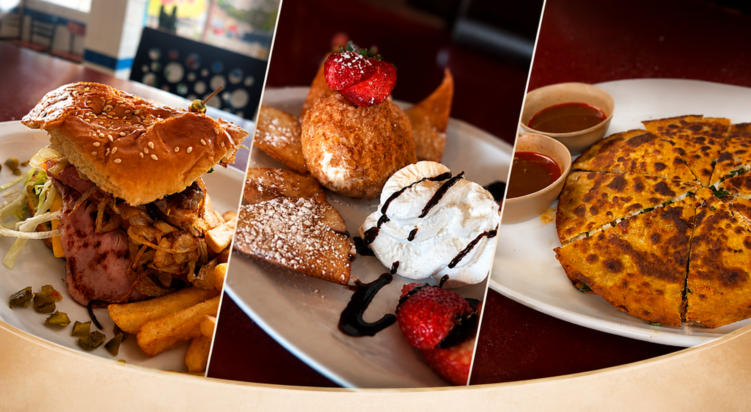 A collage of three plates of food, including a sandwich with fries, a dessert with strawberries and whipped cream, and a pizza.