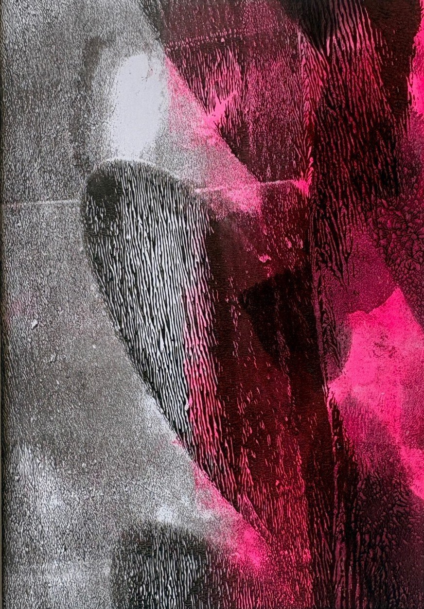 Pink Chroma, acrylic monotype on paper, 5" x 7" (image), 11" x 14" (framed), 2026