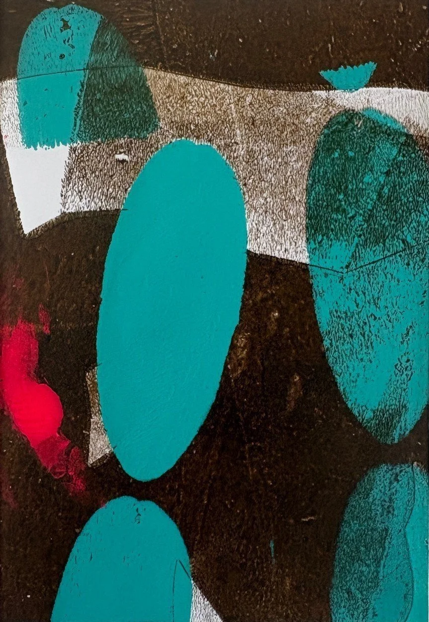 Let's Talk, acrylic monotype on paper, 5" x 7" (image), 11" x 14" (framed), 2026