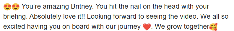 Text message expressing admiration for Britney, mentioning a nail hit with a head, excitement for a video, and looking forward to the journey together, with heart and celebrating emojis.
