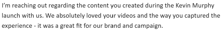 Text message praising a content creator for their videos and how well they captured the Kevin Murphy launch experience.
