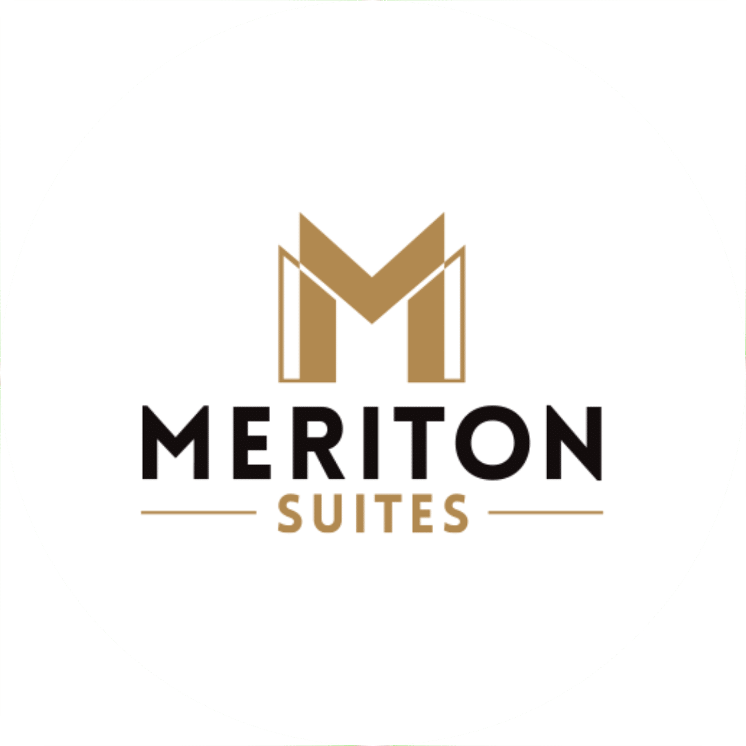Meriton Suites logo featuring a stylized letter M in gold and black text.