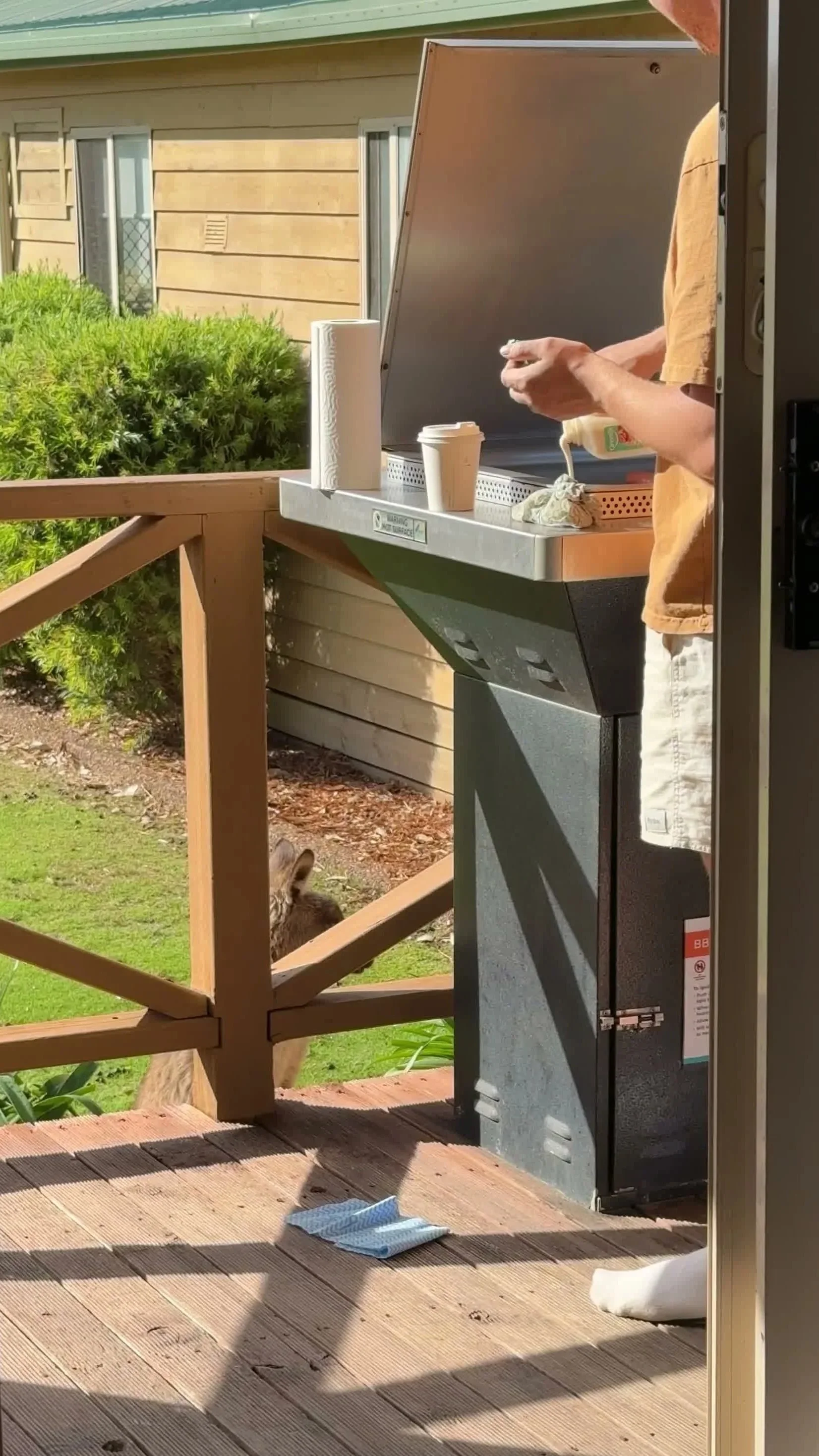 Person in yellow shirt and white shorts holding a small item standing near a BBQ grill on a wooden deck, with a rabbit visible near the railing and bushes in the background.