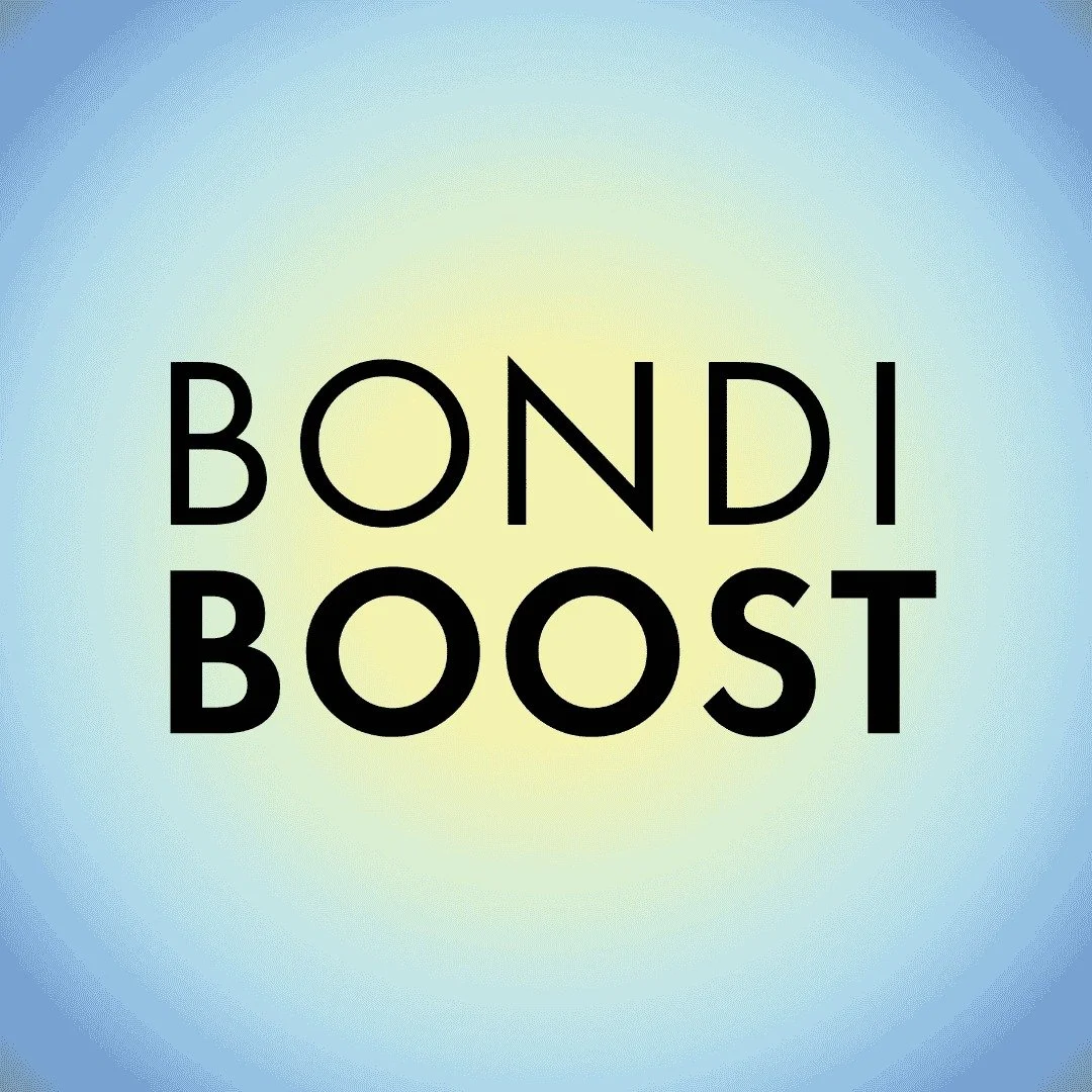 Text reading 'BONDIBOOST' in black font on a gradient background transitioning from yellow at the center to blue at the edges.