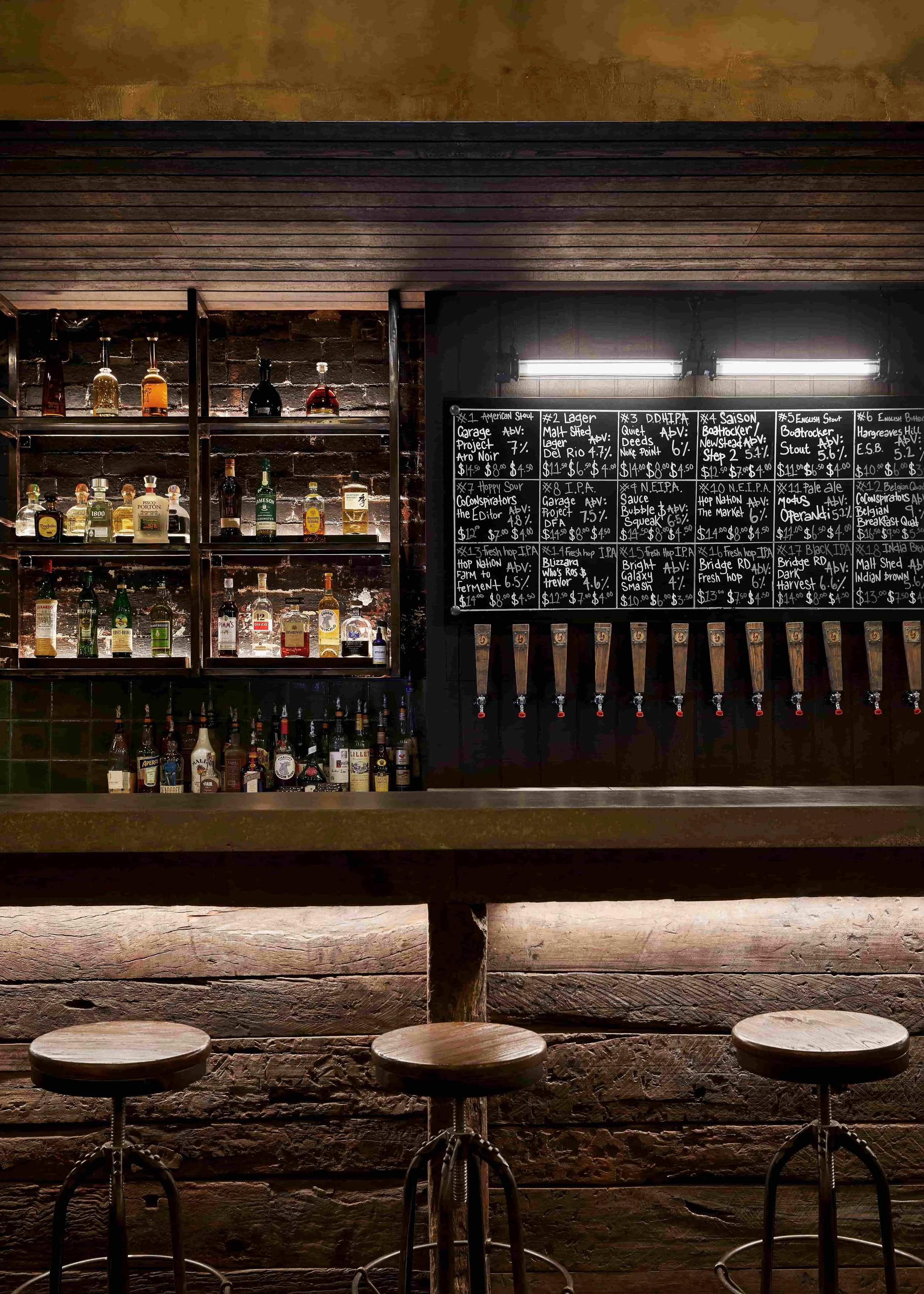 Bar with wooden stools, liquor bottles on shelves, and a black chalkboard menu with beer options.