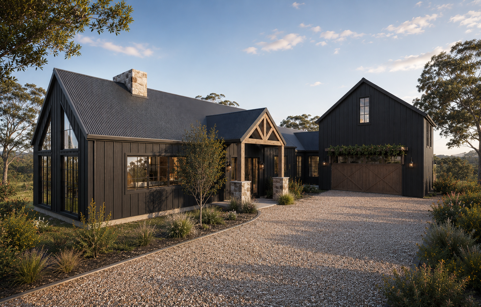 A custom barn style home exterior in dark cladding with a feature timber gable porch entry.