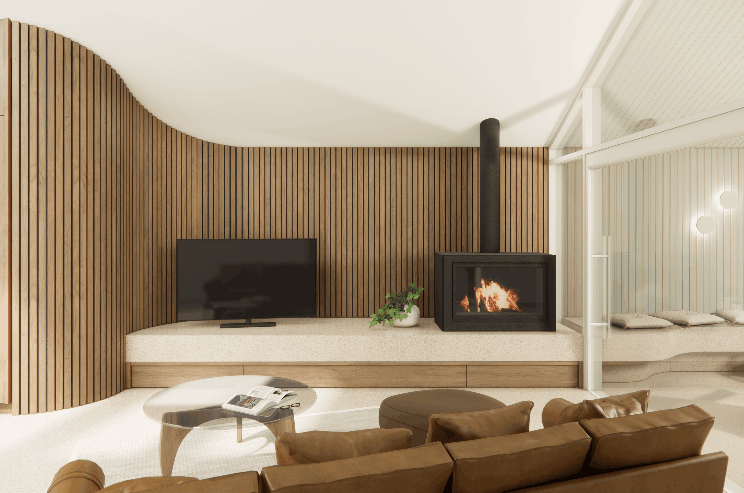 Modern living room with a curved wooden slat wall, a flat-screen TV, a wood-burning fireplace, books, and seating area with leather chairs.