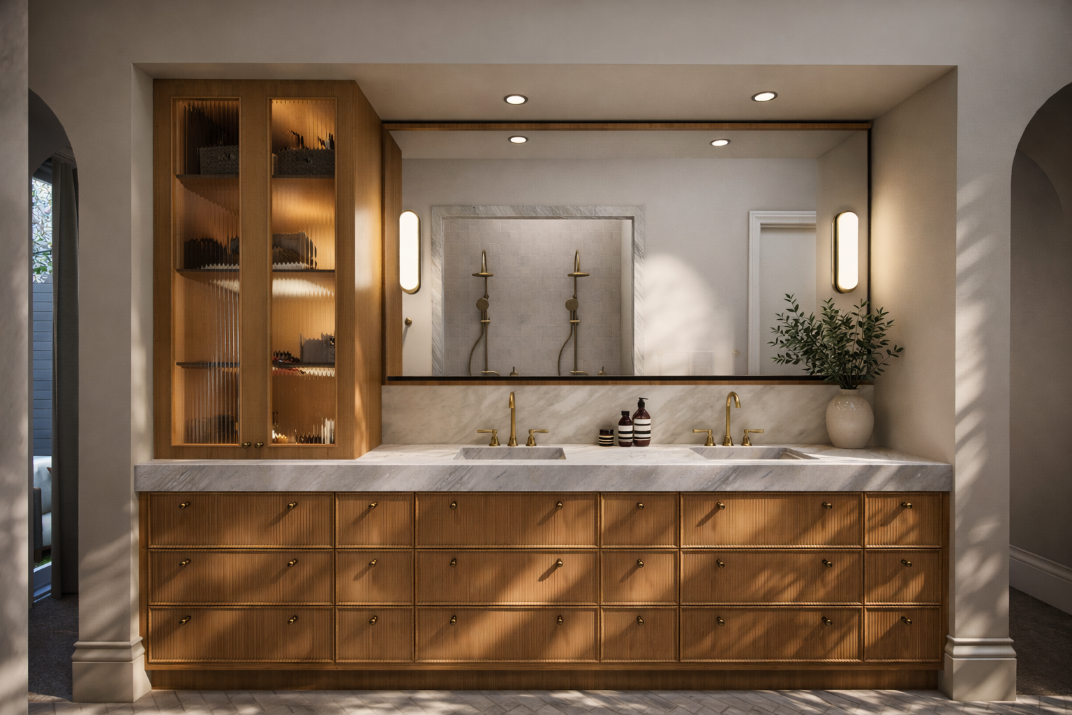 A custom luxury master ensuite with a double vanity and ample drawer storage.