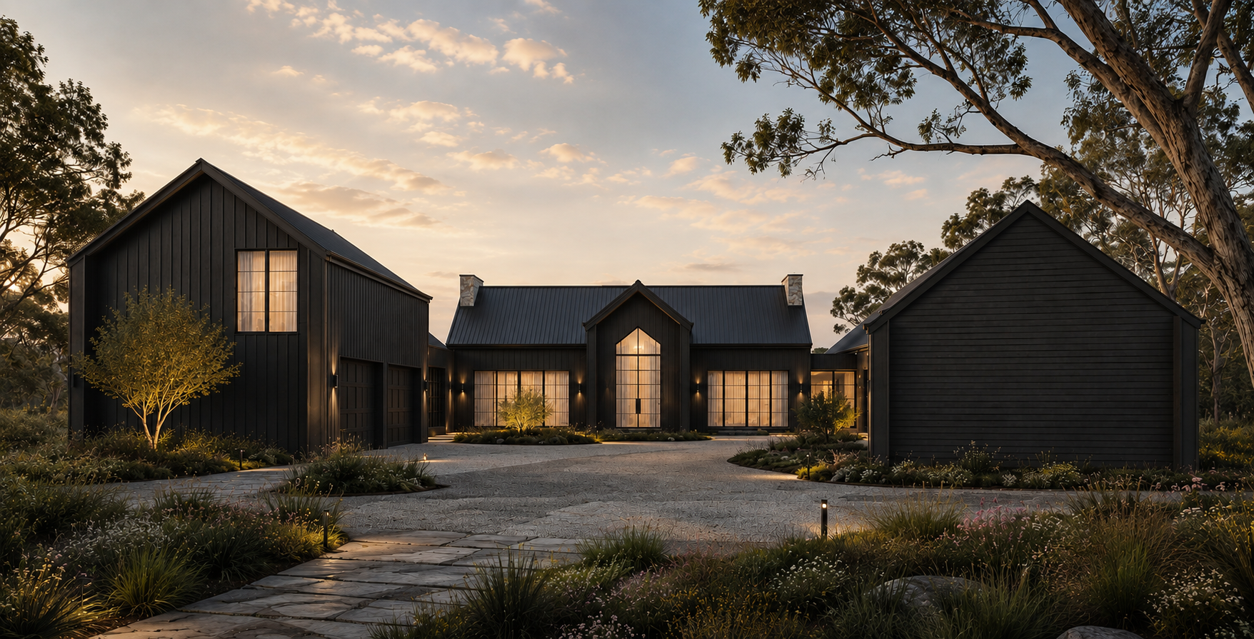 A dark Scandinavian style home exterior with separate wings and a large feature entry.