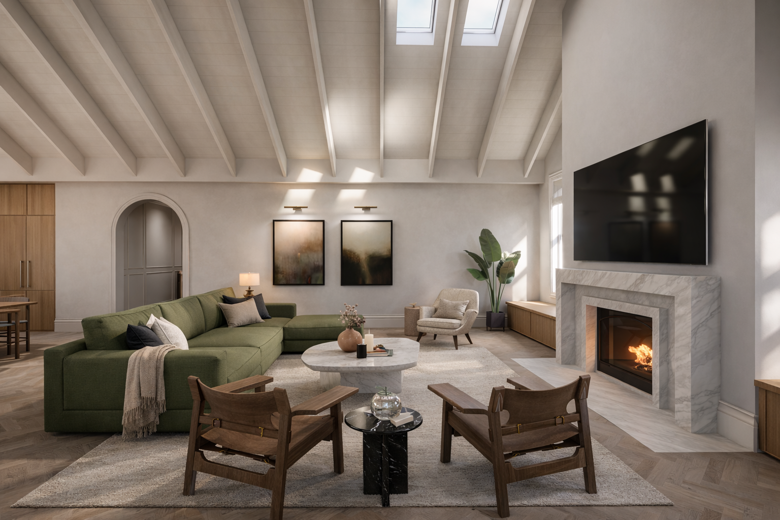 A custom luxury home open living area with a cathedral ceiling and exposed rafters, and a feature natural stone wood fireplace.