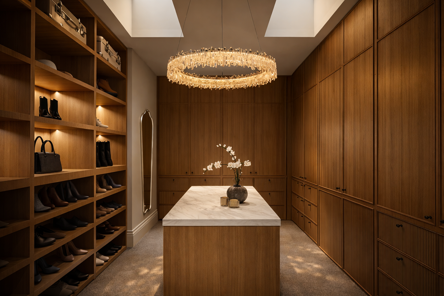 A custom luxury walk in robe with timber cabinetry and feature chandelier.