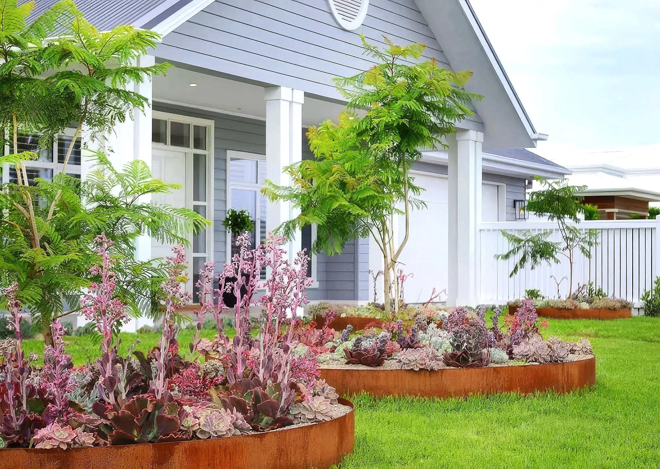 A facade of a Hamptons style home.