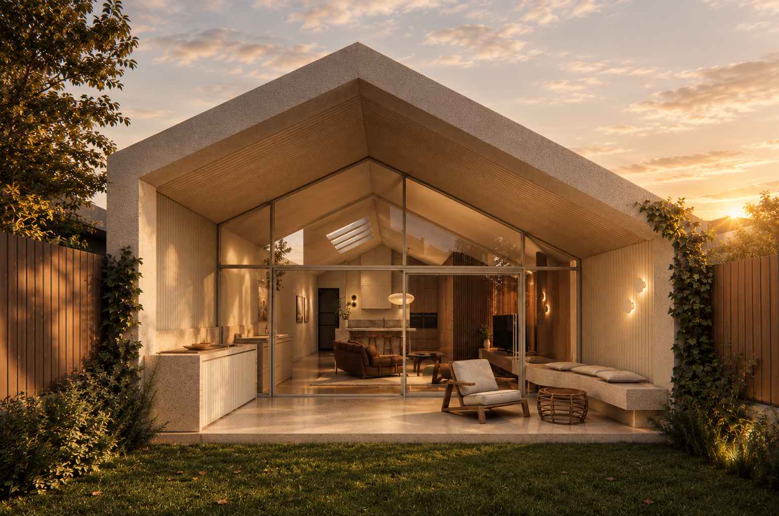 Modern house with large glass windows and an offset gabled roof, illuminated by sunset, with a garden and wooden fence.