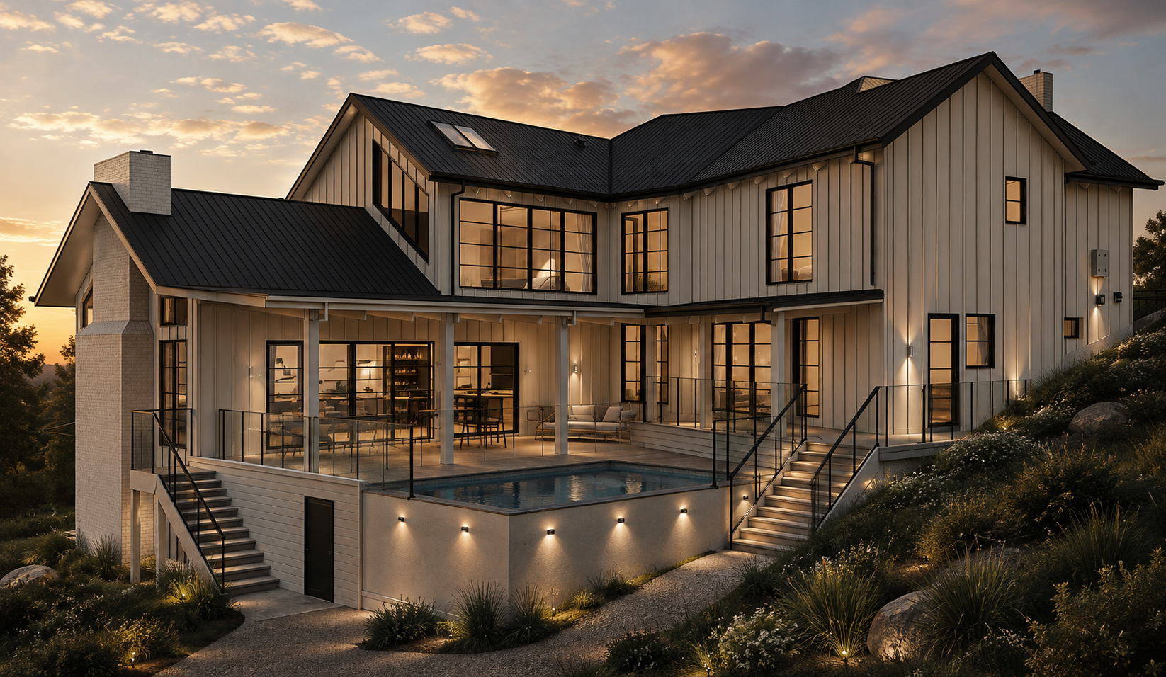 A render of a luxury home on a hill, with white vertical weatherboard and large contemporary windows.