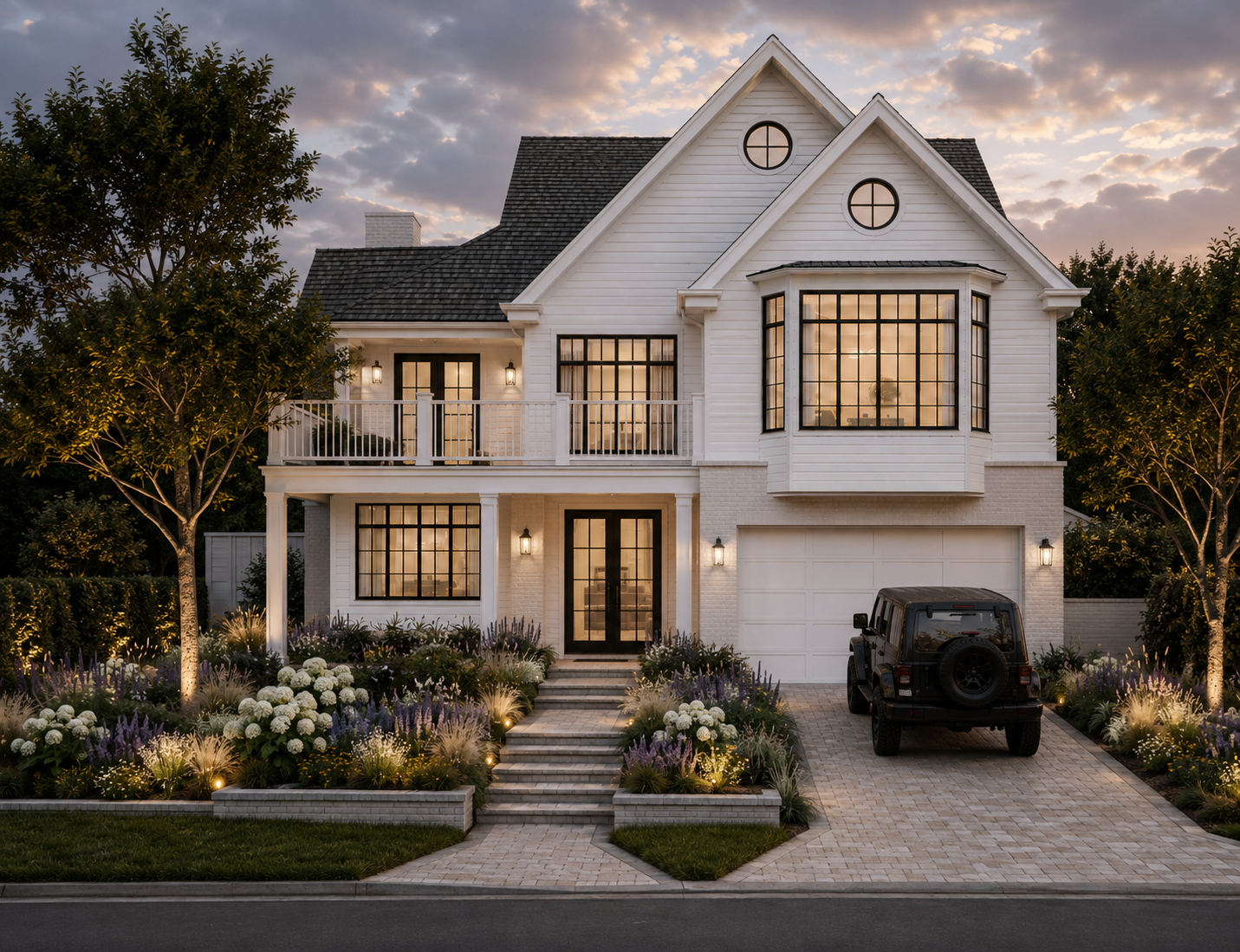 A render image of a home with white weatherboard, colonial windows and large feature gables.