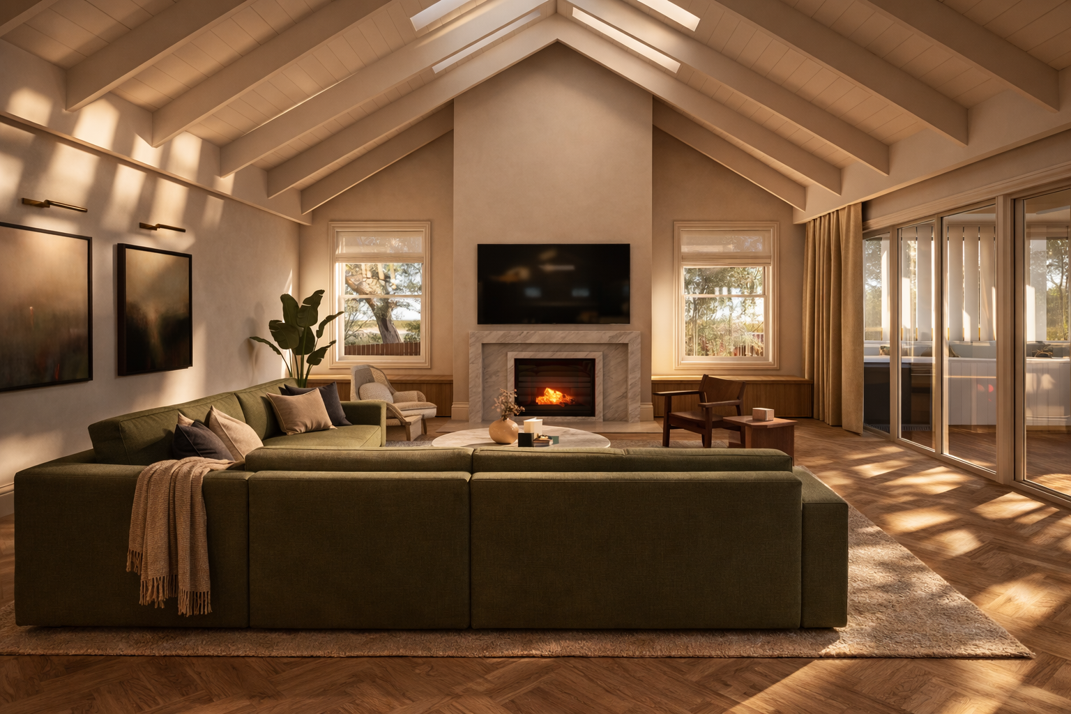 A render of a luxury living room with exposed rafters and a fireplace.