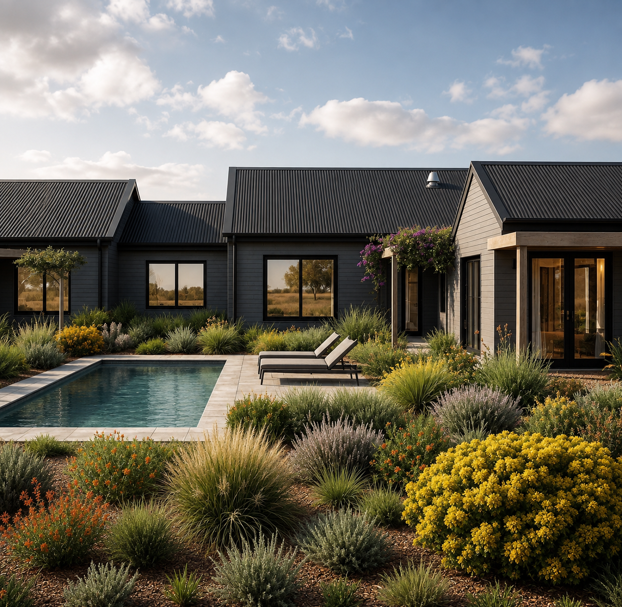 A render of a dark clad contemporary home with gable roofs, a pool, and native planting.