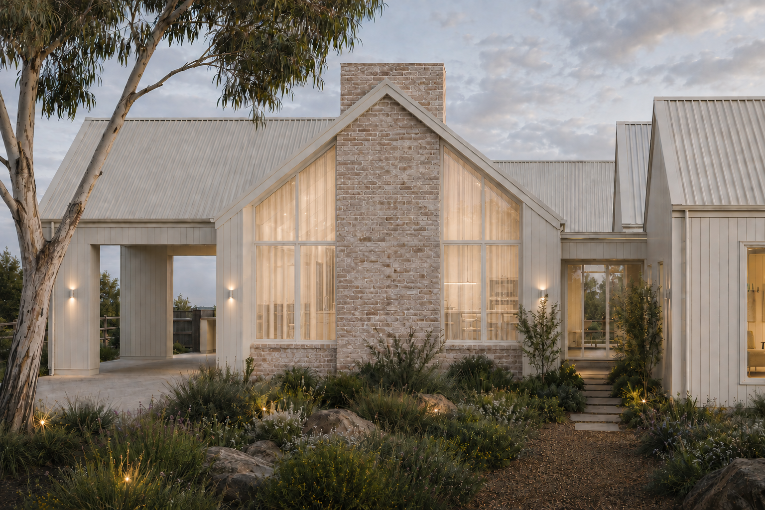 A fresh contemporary custom Scandinavian home exterior in bright warm white tones and a feature stone chimney.